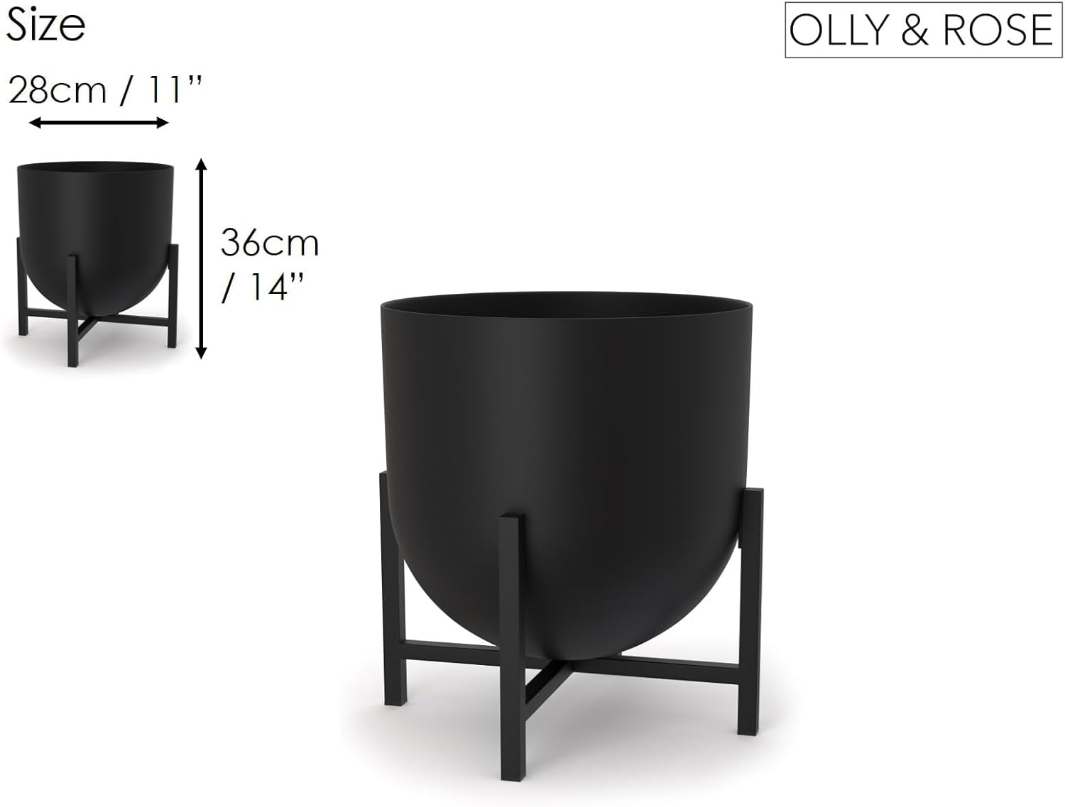 Olly & Rose XL Black Plant Pot with Plant Stand - Metal Plant Pots Indoor Planter 28Cm 11 Inch Large Flower Pot (Black, 28 Cm with Stand) image number 1