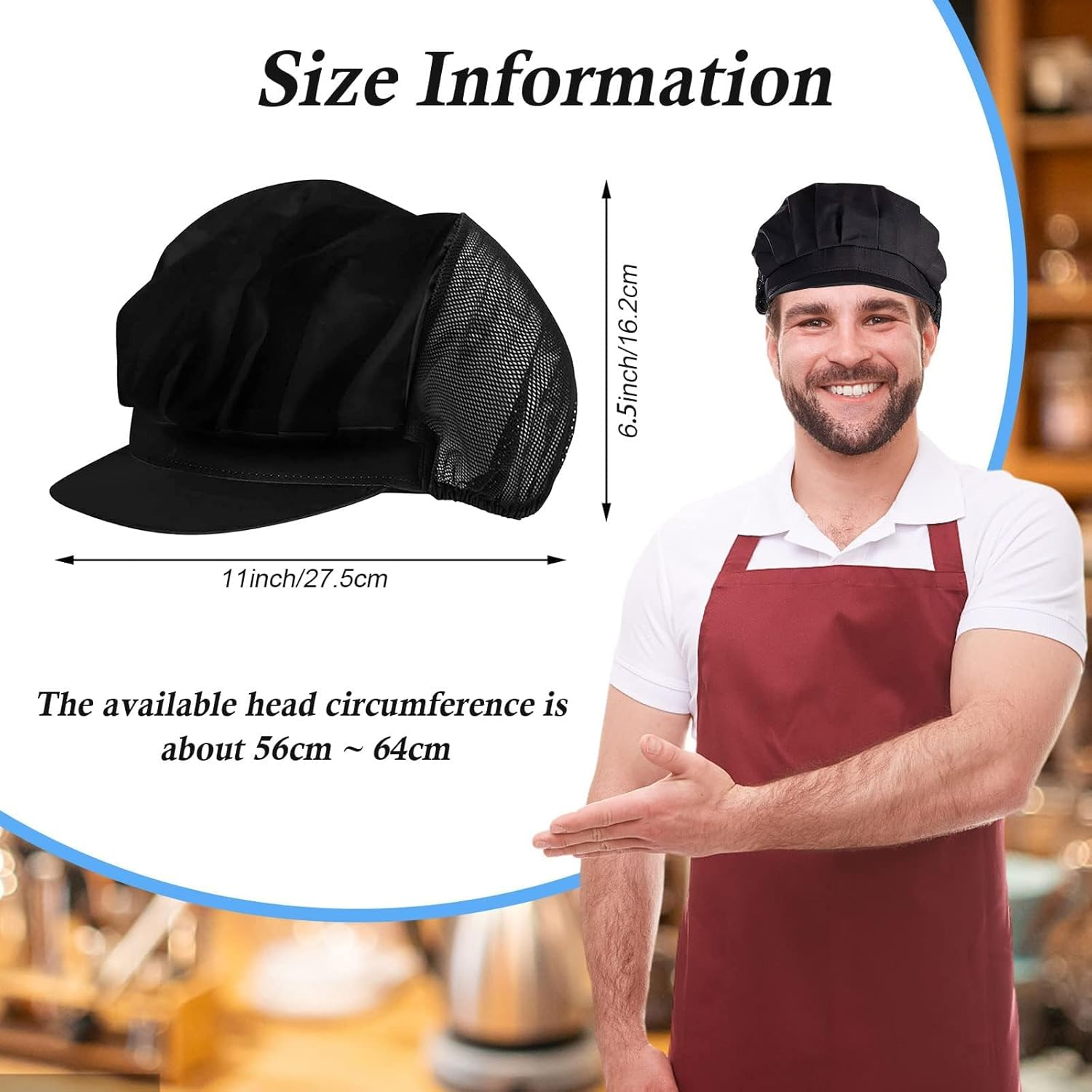 Hair Nets with Brim, 2PCS Elastic Chef Hats for Women & Men, Kitchen Hairnets for Food Service, Adjustable Black