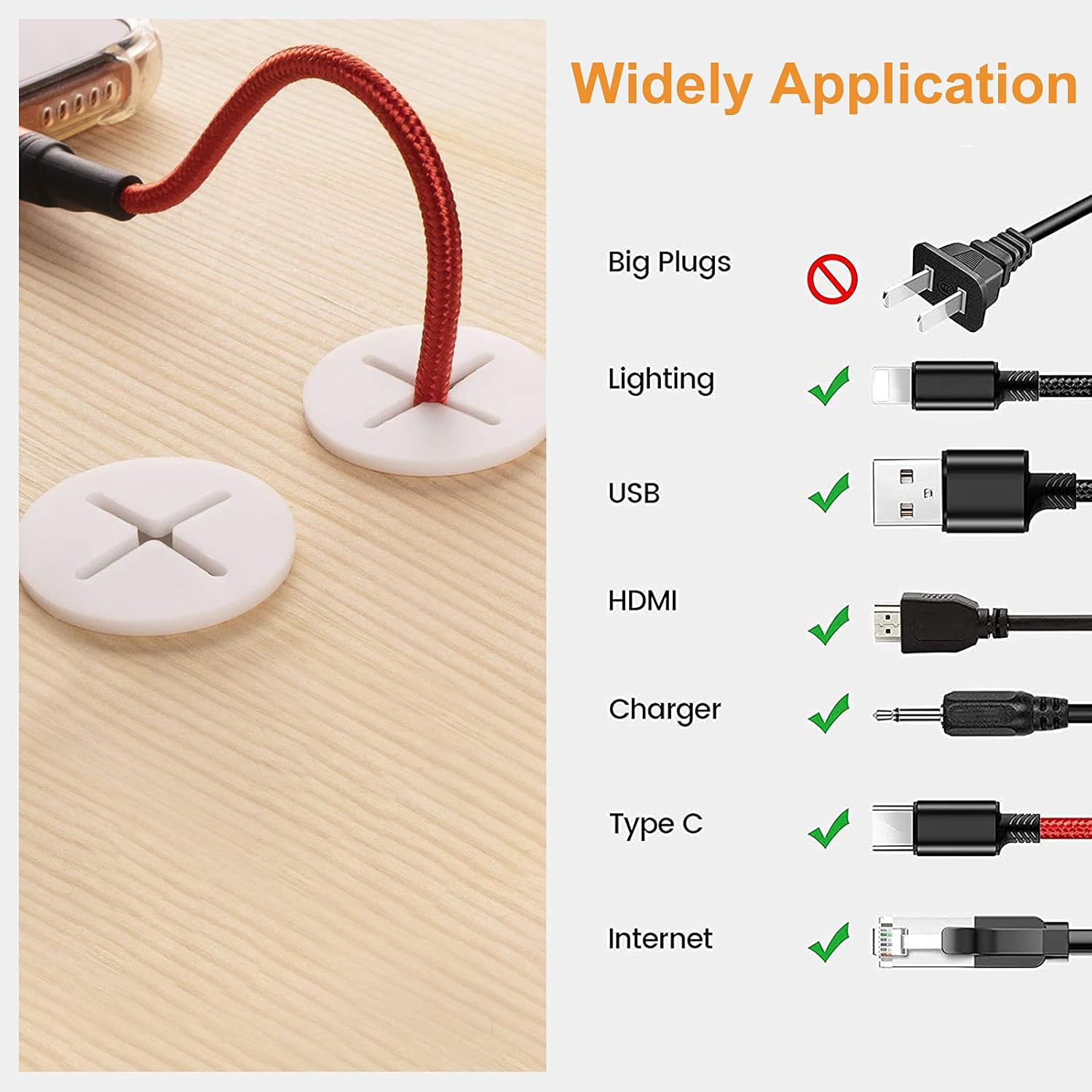 Morobor 6Pcs Flexible Silicone Cable Cord Grommet, 25Mm White Rubber Grommets for Desk, Table, Wire Hole Cover Cable Management Wire Organizer image number 2