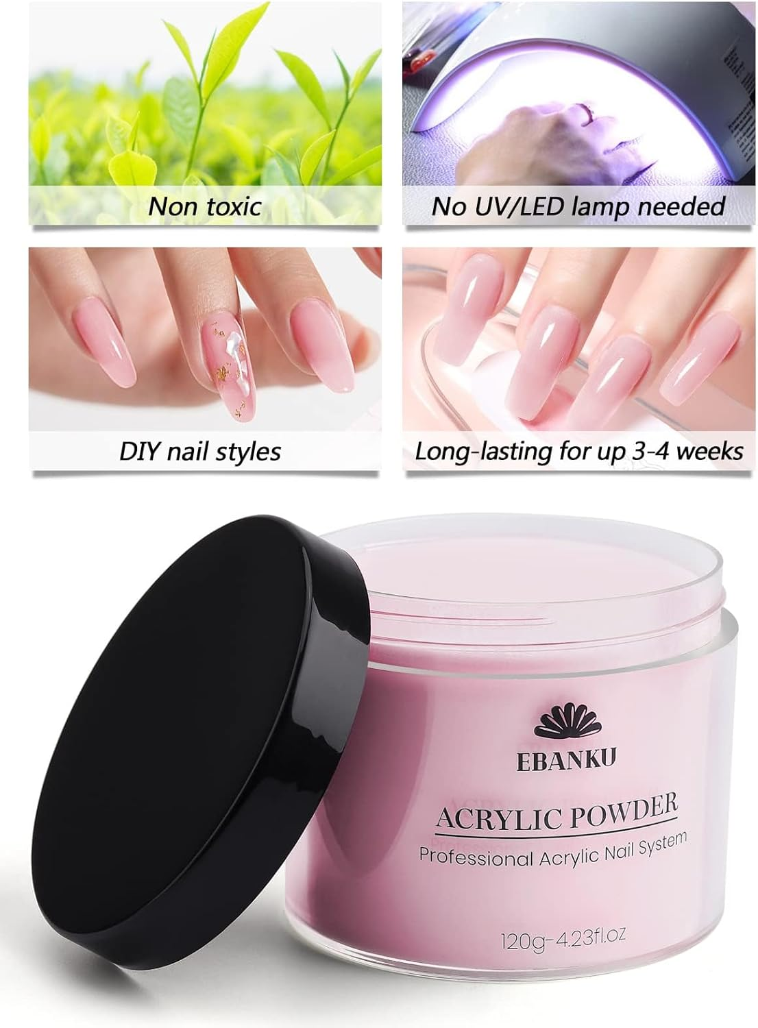 EBANKU Pink Acrylic Powder, 120G/4.23Oz Acrylic Powder Large Capacity Professional Acrylic Nail Powder for Nail Acrylic Extension, Nail Carving, Long-Lasting, No Nail Lamp Needed image number 3