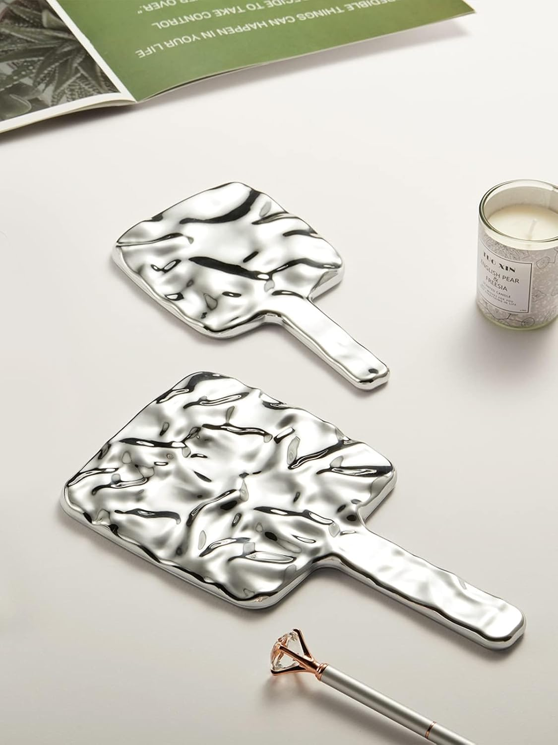 Water Ripples Handheld Mirror - Quttly Square Silver Makeup Mirror with Handle, Small 4X7 Inches for Precise Application image number 1