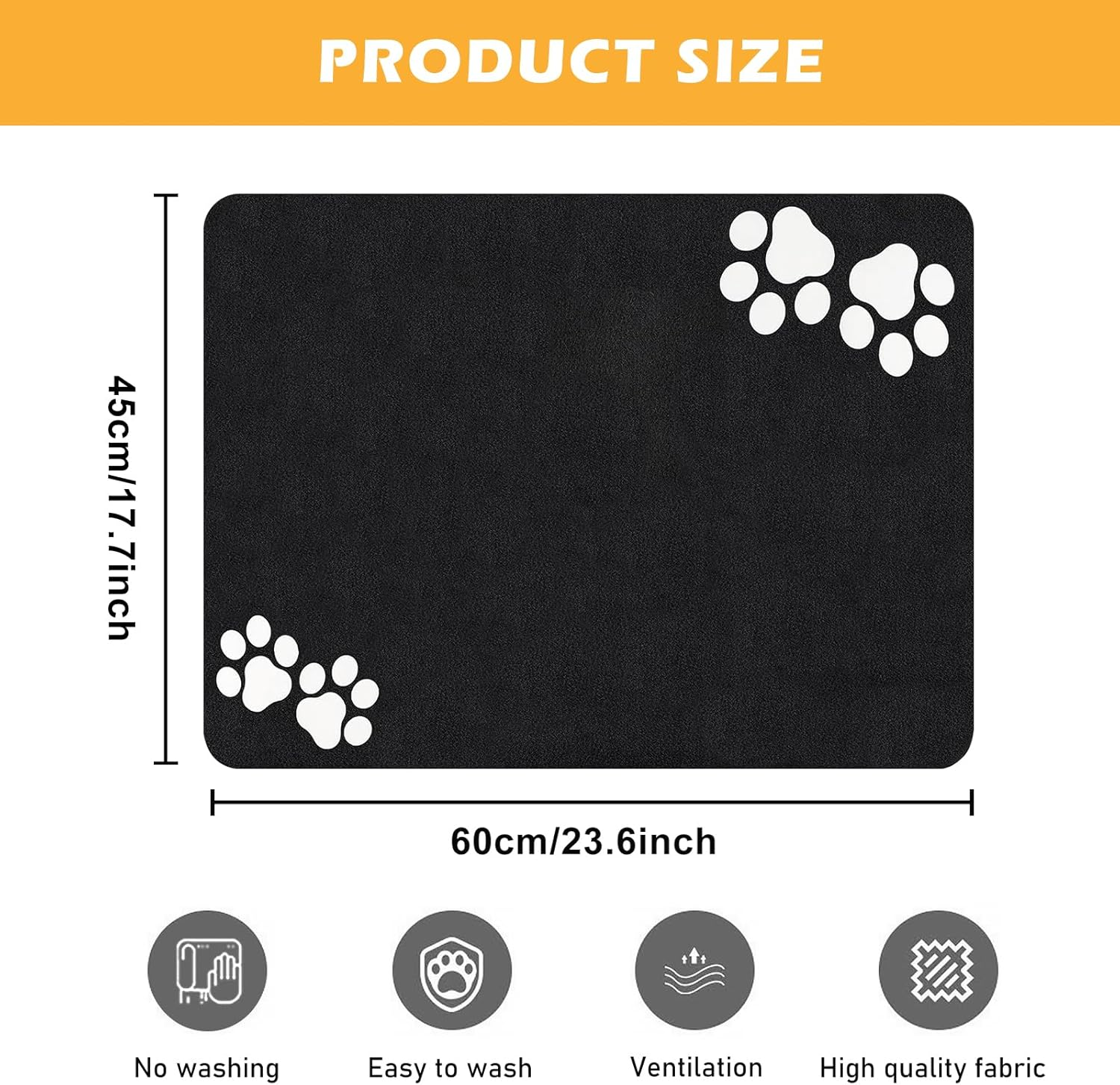 Bowl Mat Dog and Cat, Pack of 2 60 X 40 Cm Non-Slip Bowl Mat, Super Absorbent Dog Bowl Mat, Cat Feeding Mat with Paw Pattern, Waterproof Feeding Mat for Pets (Black) image number 4
