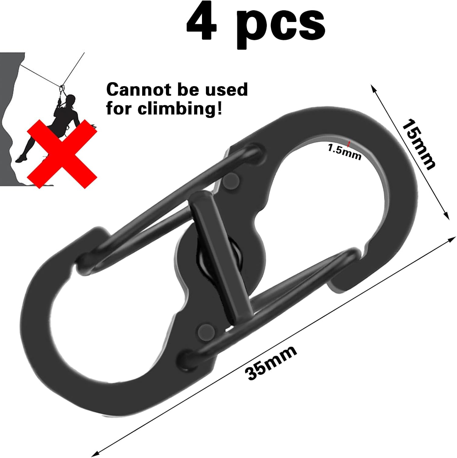 S Outdoor Camping Hooks, Stainless Steel Carabiner, S-Shape, Black, 4 Pack, 35Mm X 15Mm, 3G, 1.4Kg Max Weight, Anti-Theft, Twist Lock, Carabiner image number 3