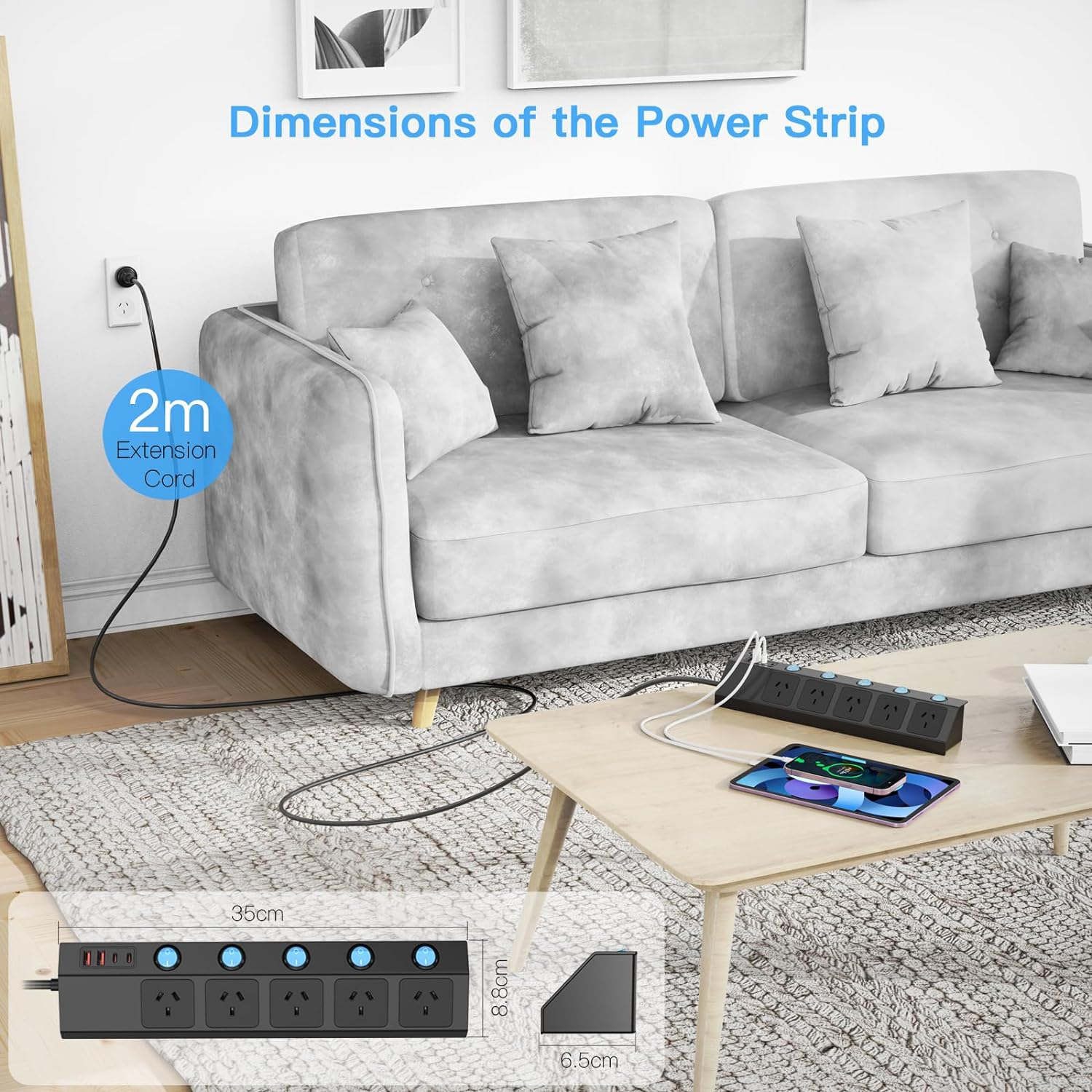 Yundian Power Strip with Individual Switches, 5 AC Outlets, 2 USB a and 2 USB C Surge Protector 2M Extension Cord, 2400W/10A, 170 Joules, USB Power Board Switch for Home and Office Use (Black)