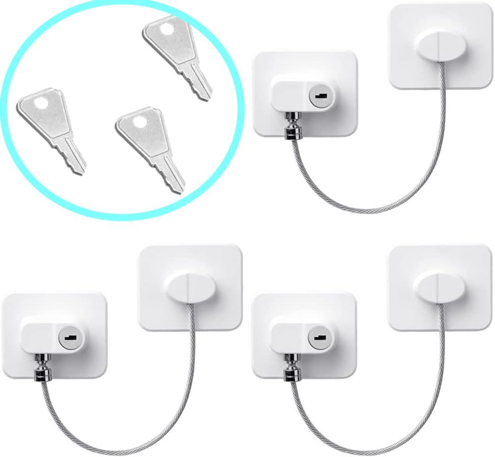 3 Pcs with Key Refrigerator Lock,Window Restrictor Locks Safety Refrigerator Lock Fridge Door Self Adhesive Mini Fridge Lock Kit for Refrigerator Door, Cabinets, Drawers, Window, Toilet Seat(White) image number 3
