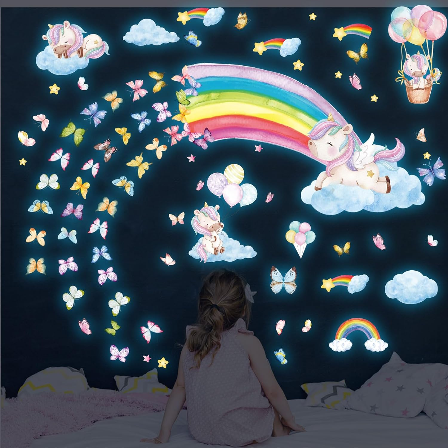 Glow in the Dark Butterfly Wall Decals，Glowing Luminous Butterfly Wall Stickers Colorful Removable Self-Adhesive Butterfly Decals for Girls Bedroom Kids Baby Nursery Living Room Decoration