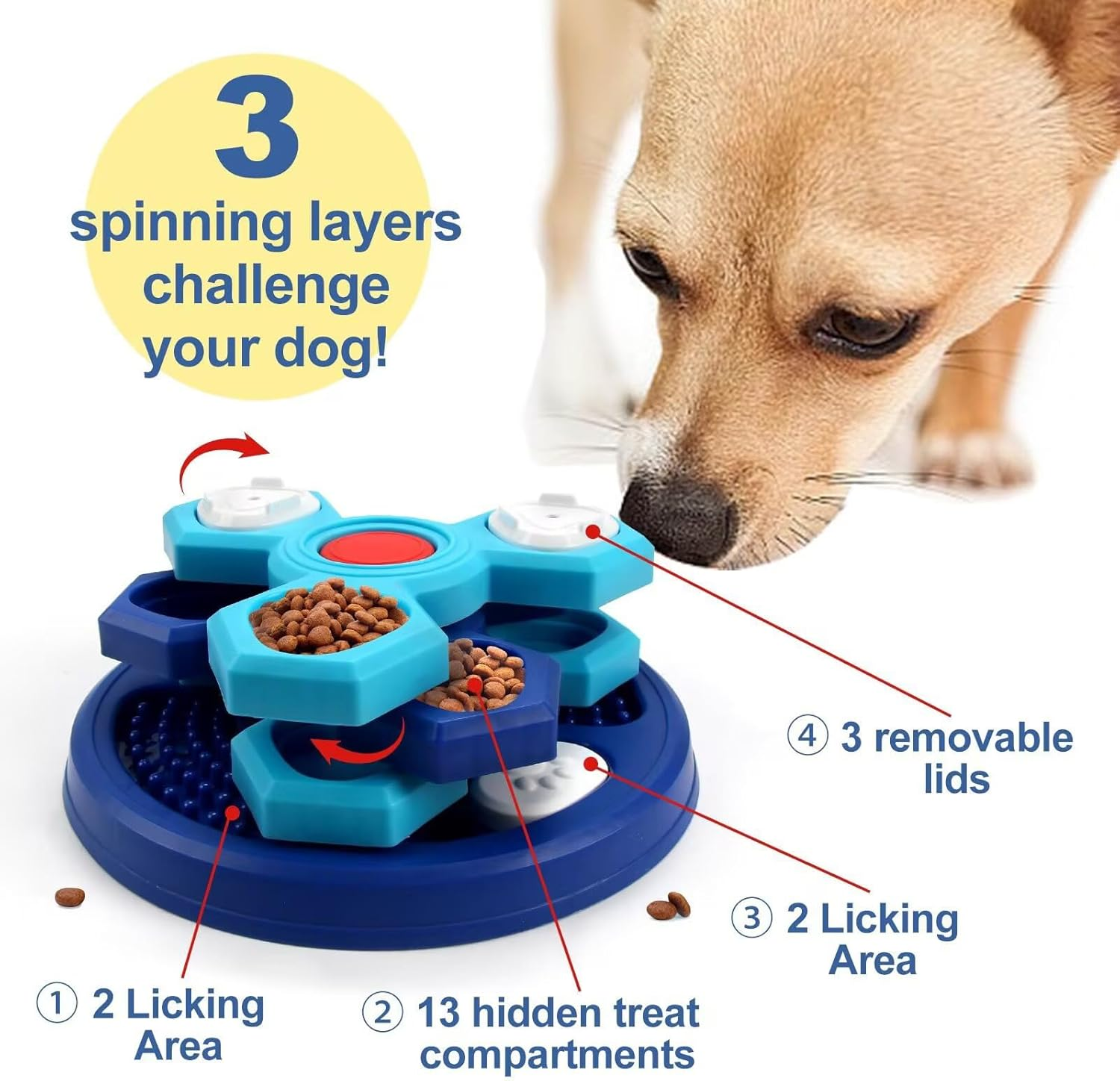 Interactive Dog Treat Puzzle Toys for IQ Training & Mental Stimulating, Fun Slow Feeder, Dog Puzzle Toy, Large Medium Small Dogs Enrichment Toys - for Puppies, Cats, Dogs (3 Layers(Gray Bottom))