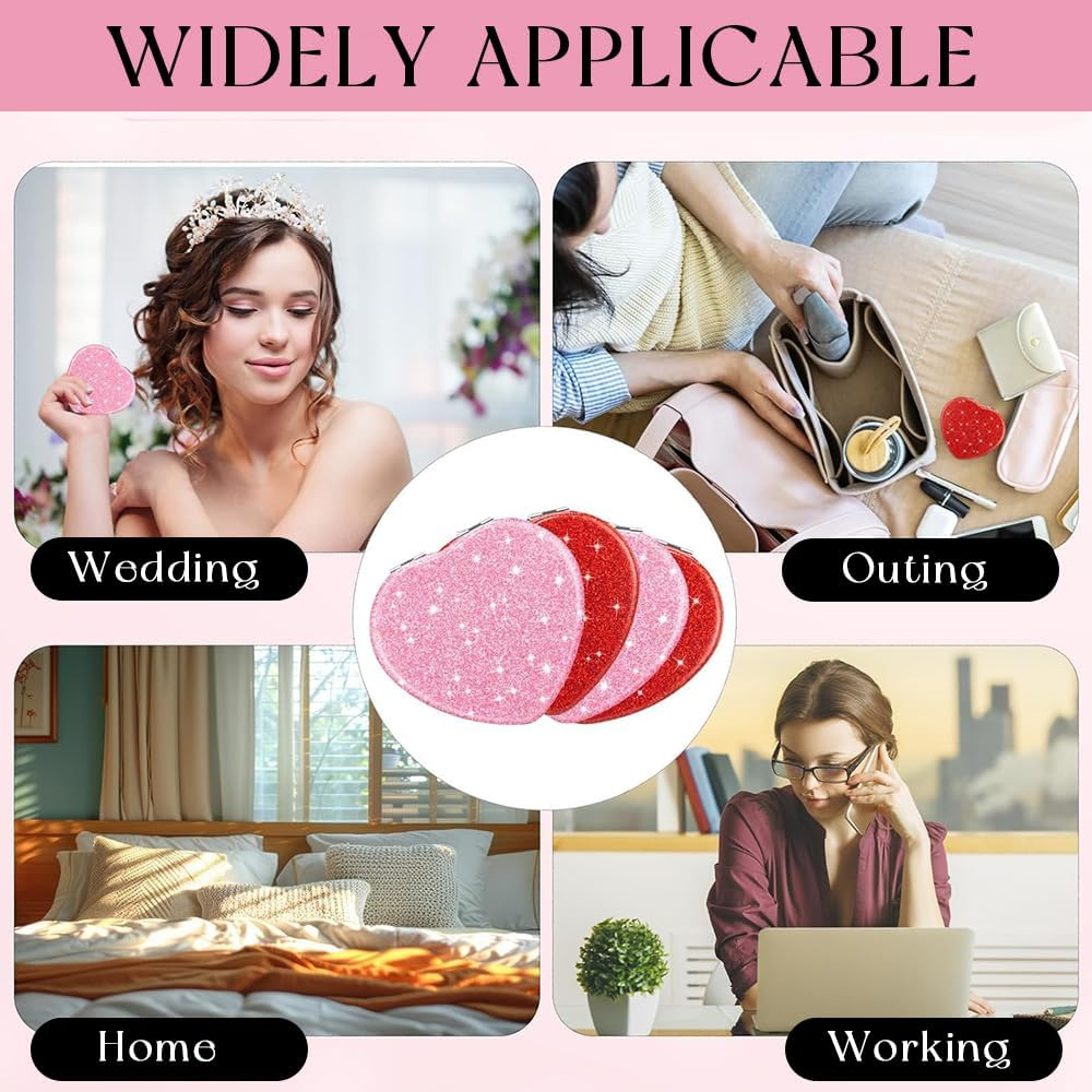 6 Pack Heart Compact Folding Mirror,Double Sided Cute Glitter Cosmetic,Portable Mini Pocket Makeup Mirror,For Handbag,Wallet,Home,Office,Travel image number 1