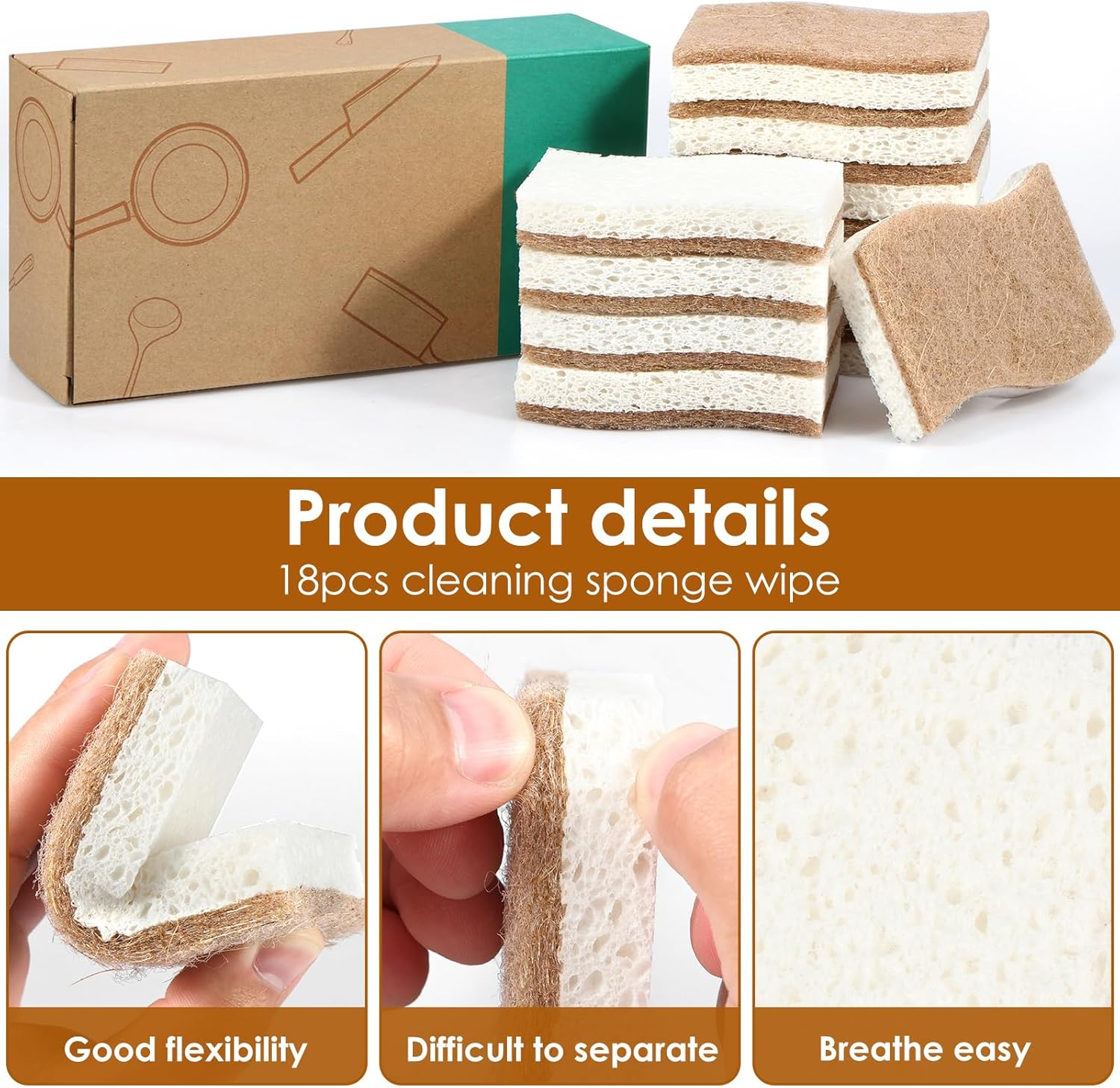 18 Pack Natural Kitchen Sponges Eco-Friendly Dish Sponge for Kitchen Odor Free Wood Pulp Sponge Strong Absorbent Quick-Drying Scrubber Sponges for Washing and Cleaning Dishes(S Shape) image number 1