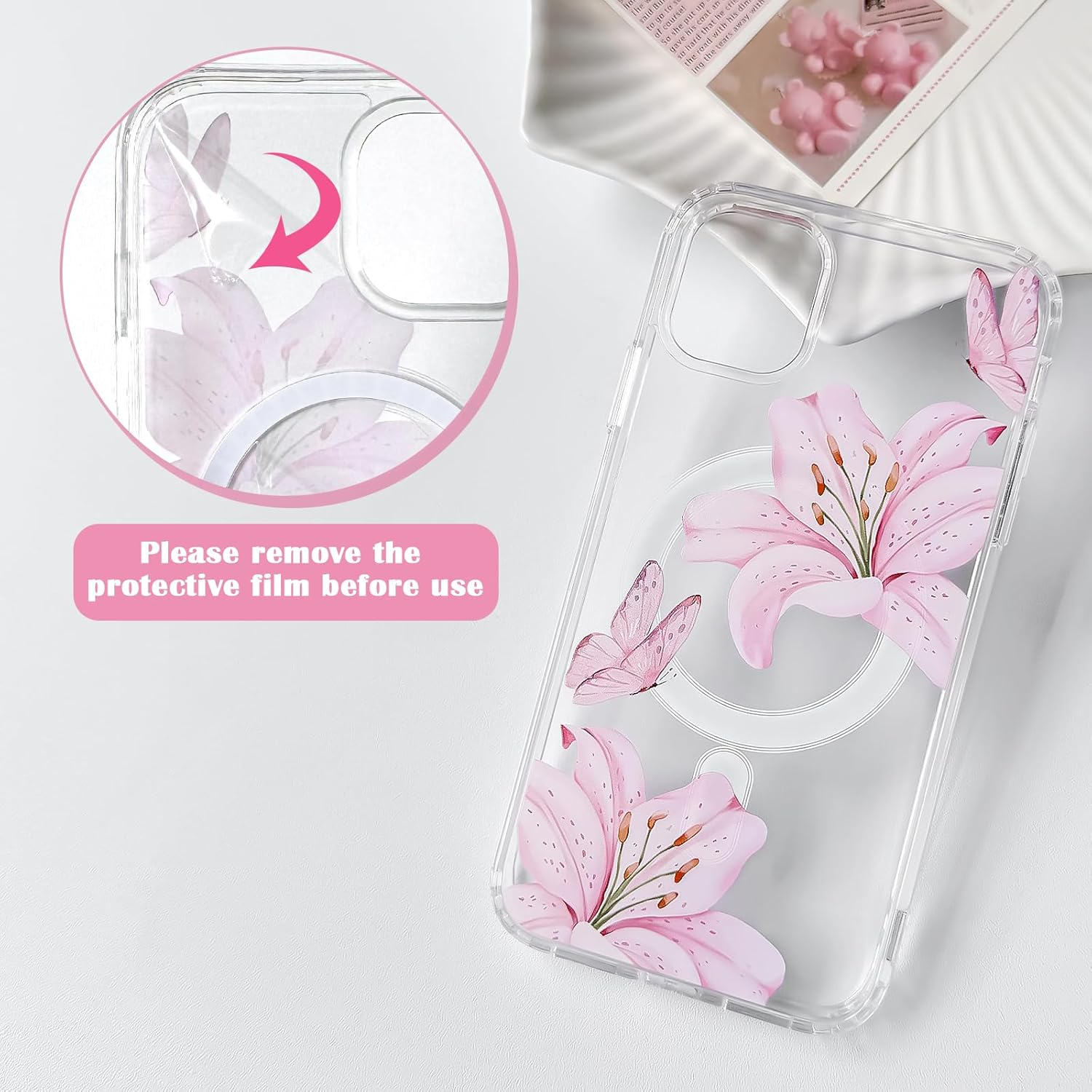 NITITOP Compatible with Iphone 11 Case Clear Magnetic Compatible with Magsafe Cute Lily Flowers Floral for Women Girls Hard PC Back Shockproof Protective Phone Cover - Pink image number 4