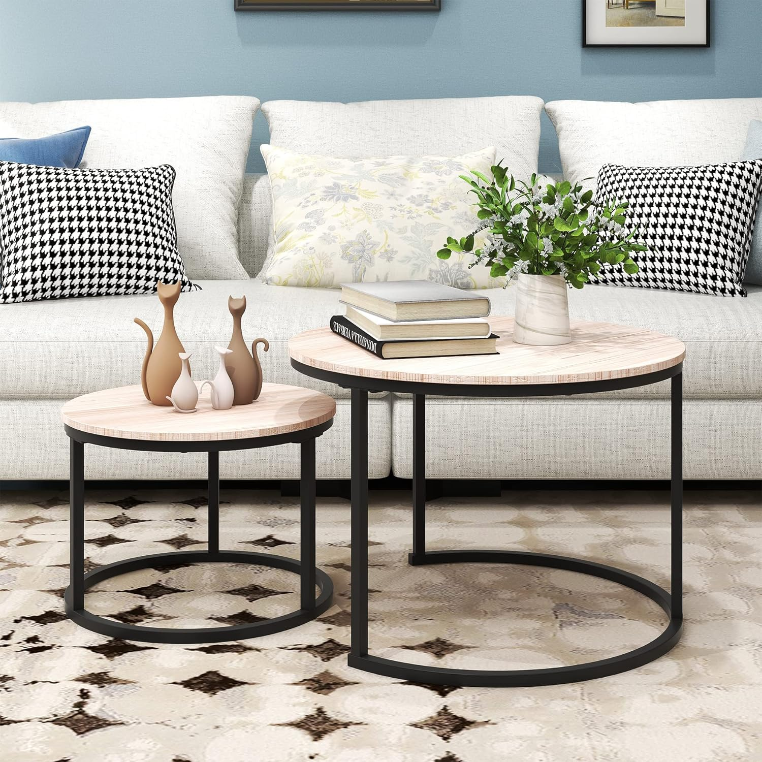 VERFARM round Nesting Coffee Table Modern Furniture Nesting Side Set of 2 Stacking Side Tea Table End Table for Living Room Balcony Office with Sturdy Metal Frame, Easy Assembly - Black image number 2