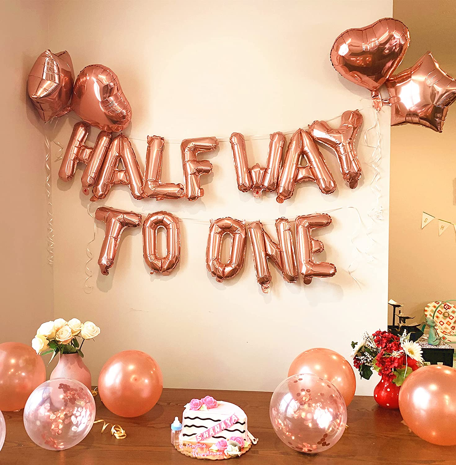 15 PCS Jevenis Rose Gold Half Way to One Banner Half Way to One Decorations for Girl 1/2 Birthday Decorations image number 2