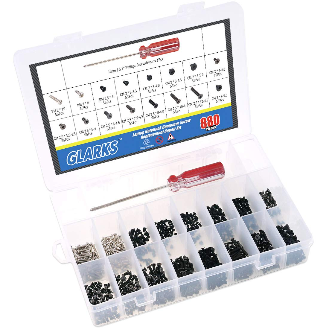 Glarks 880Pcs Laptop Notebook Computer Screw Replacement Repair Kit for Lenovo Dell Toshiba Sony Samsung HP Gateway (Extra: Phillips Screwdriver) image number 2