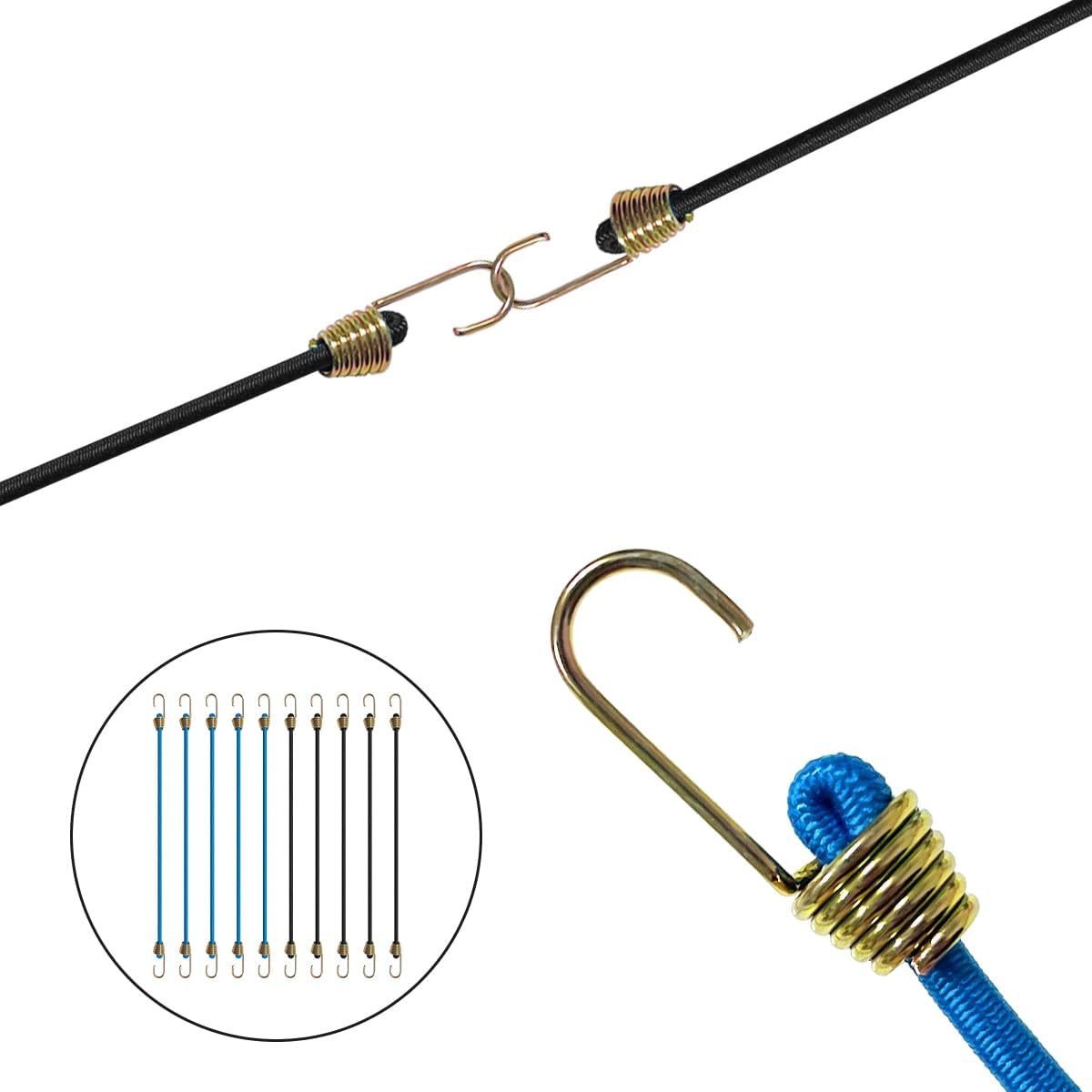 NILLOS Elastic Bungee Cords, 10 PCS Black and Blue Elastic Rope Rubber Strap with Metal Hooks for Bikes, Wire Racks, Tents, Luggage (About 27Cm/10.6In) image number 4