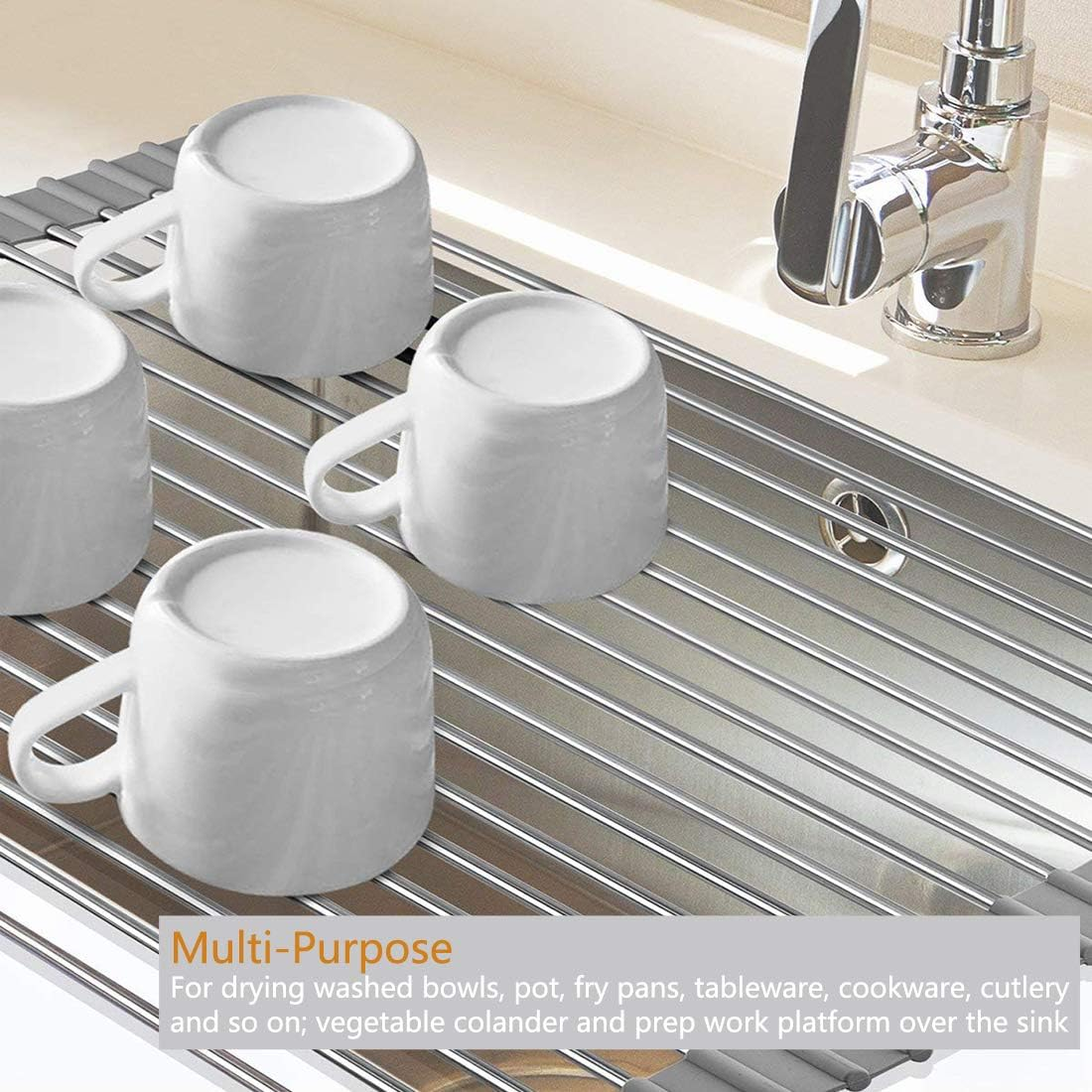 Homexpect over the Sink Dish Drying Rack 17.7 Inches X 16 Inches, 304 Stainless Steel Multipurpose Roll-Up Dish Rack, Foldable, Rollable and Easy to Store, Grey image number 4