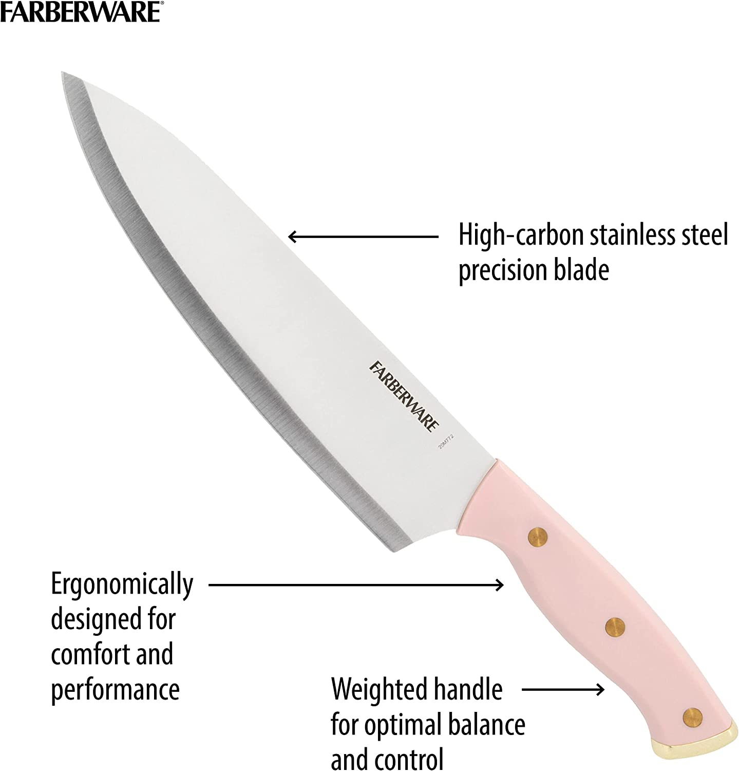 Farberware 15-Piece Triple Riveted Acacia Knife Block Set, High Carbon-Stainless Steel Kitchen Knives with Ergonomic Handles, Razor-Sharp Knife Set, Pink and Gold image number 4