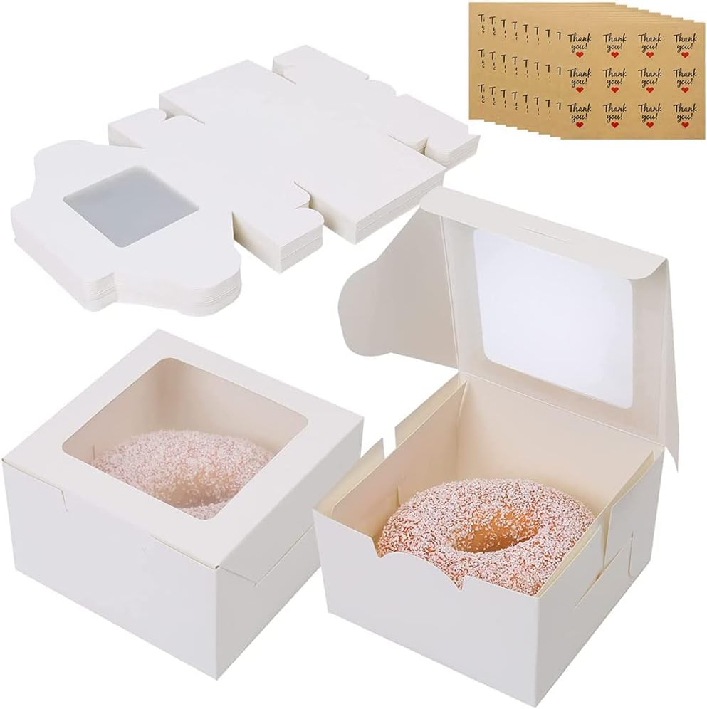 Idopick 30Pcs White Bakery Boxes with Window, 6 X 6 X 3 Inches, Extra Thick Small Cookie Boxes for Cookie, Macarons, Mini Treat Boxes for Holidays, Parties, Birthday Gift Giving (White)