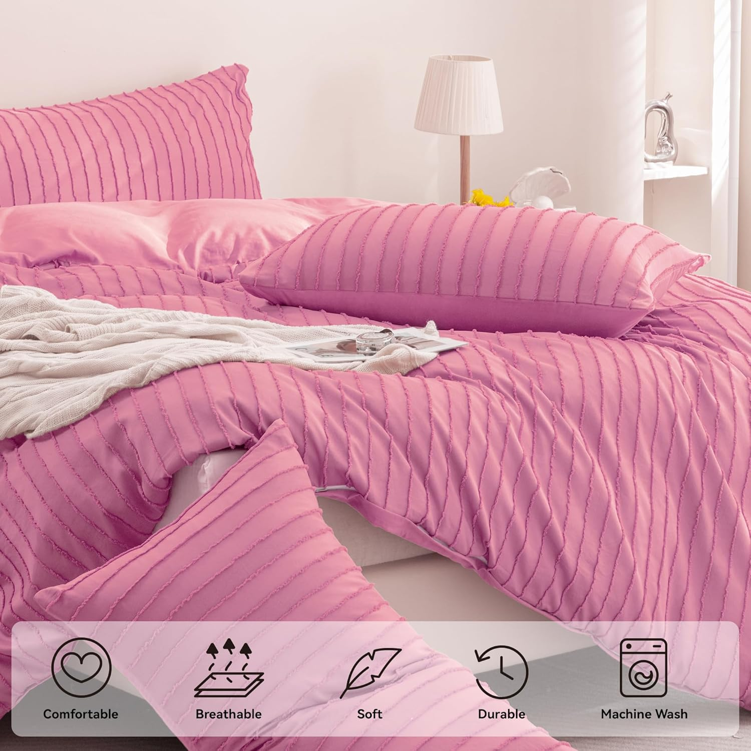 JELLYMONI Barbie Pink Duvet Cover Queen Size - 3PCS Microfiber Tufted Duvet Cover Set, Boho Striped Tufted Textured Duvet Cover with Corner Ties & Zipper Closure image number 6