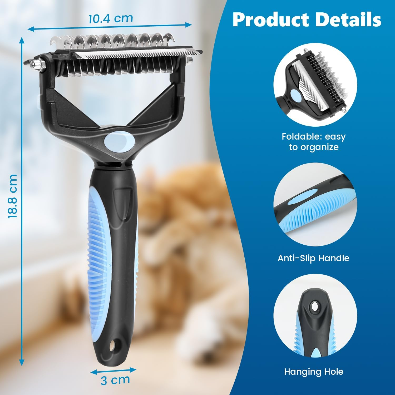Yizhet Dog Brush & Cat Brush 3 in 1, Double-Sided Undercoat Brush with Blades 17+9, Undercoat Brush for Detangling & Tangling Dogs Cats with Long Hair, Thick Fur, Undercoat, Blue - Green image number 5