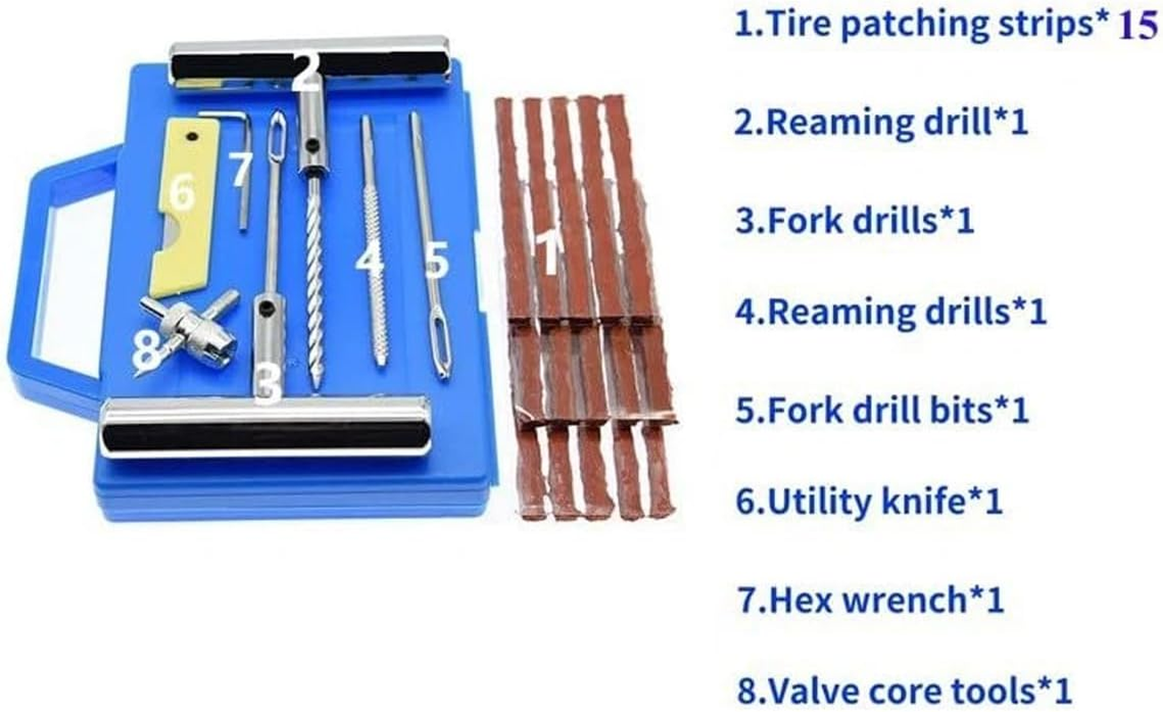 AIMALL 23PCS Tyre Repair Kit for Car Truck Motorcycle Bicycle, Emergency Puncture Plug Patch Set with T-Handle Reamer, Valve Core Tool, 15 Strips, Case 6.69X5.71X1.02In image number 3