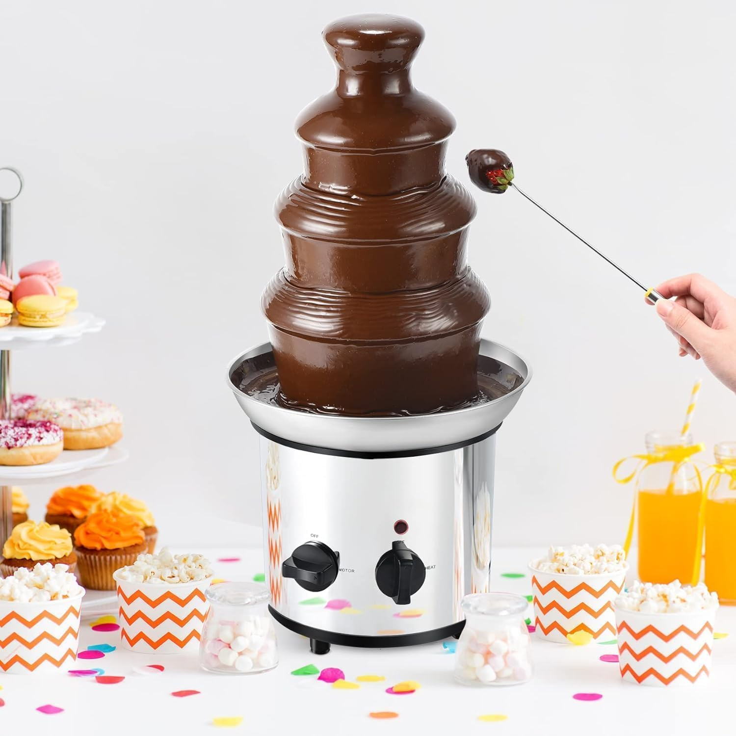 Large Size Stainless Steel Chocolate Fountain Fondue Set Electric 4-Tier Machine with Hot Melting Pot Base 1800Ml Capacity, for Birthday Party, Family Gathering, Brown image number 2
