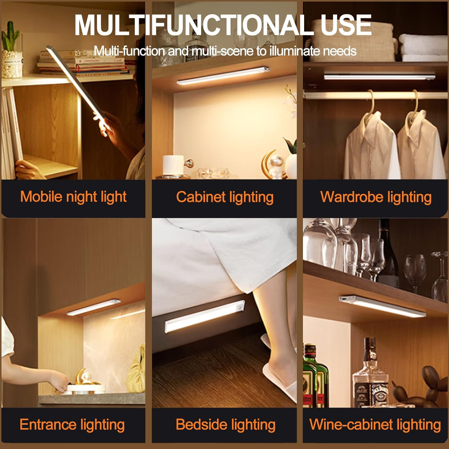 Voinee Care Motion Sensor Light under Cabinet Kitchen Light with 3 Colors with Adjustable Intensity, USB Charging, Magnetic Installation, Suitable for Closets, Wardrobes, Bedrooms, Stairs (2) image number 6