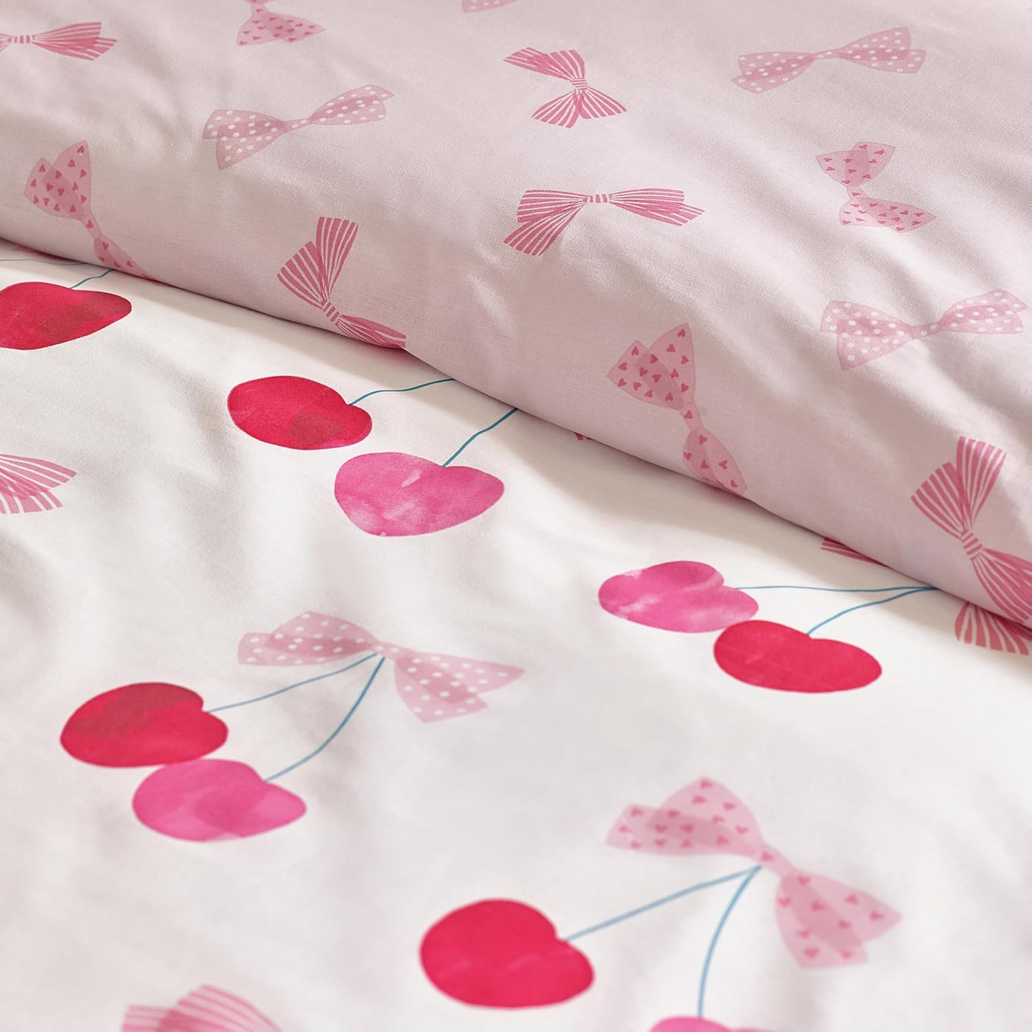 Catherine Lansfield Cherries and Bows Reversible Double Duvet Cover Set with Pillowcases Pink image number 5