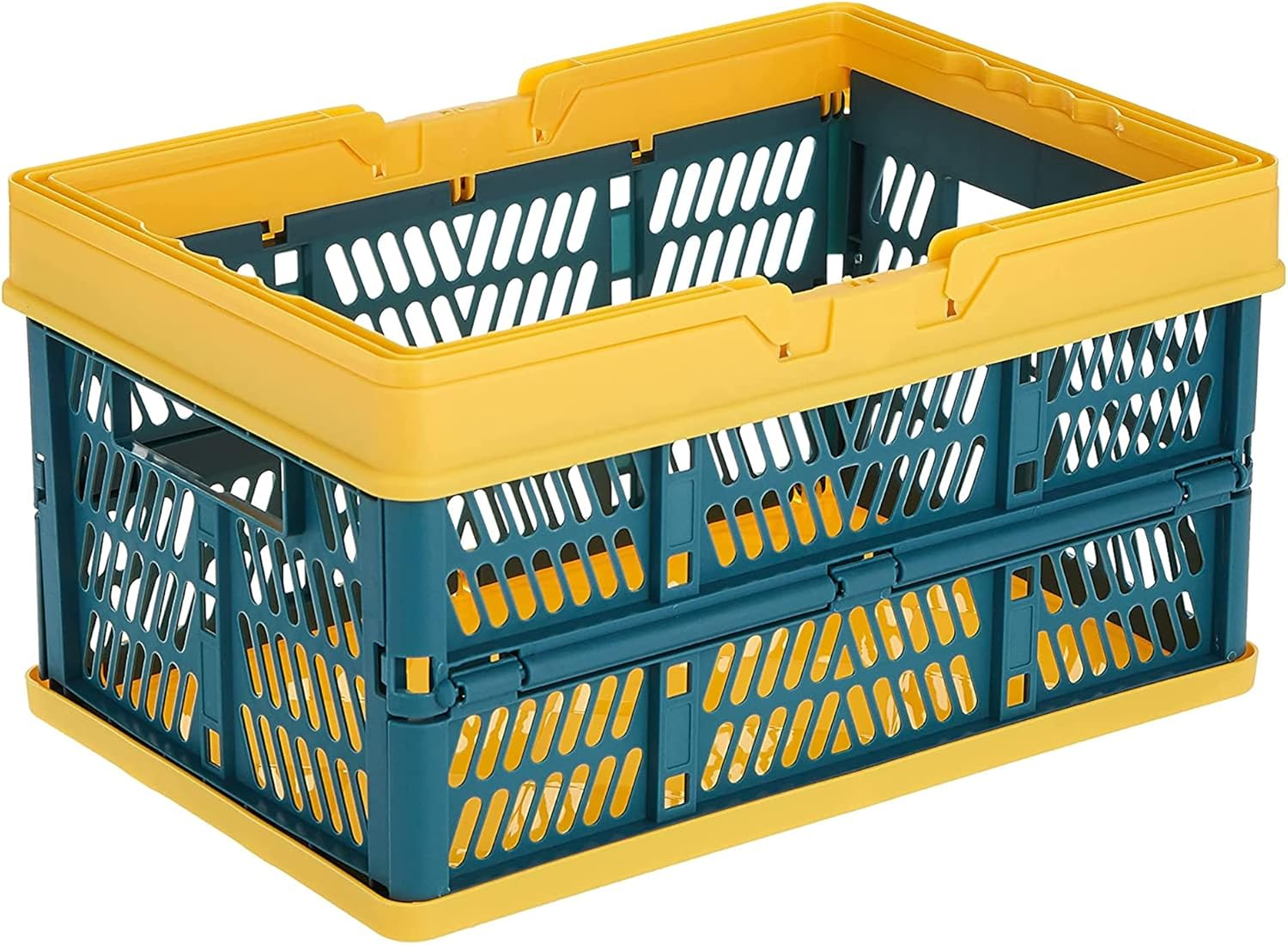 Sulfar Plastic Storage Crate, Foldable Shelf Storage Basket with Plastic Handle, Bins for Food, Fruit, Vegetables, Snacks Bottle Toys Toiletries, Home Kitchen, Office Storage Box - Yellow image number 1