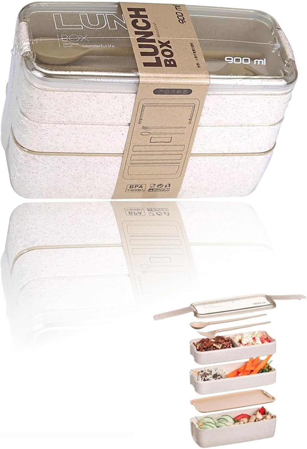 Honwor Leakproof Bento Box for Kids & Adults | 3-In-1 Meal Prep Container | Dishwasher Safe | Japanese Style | Beige | Easy Food Portioning & Storage image number 4