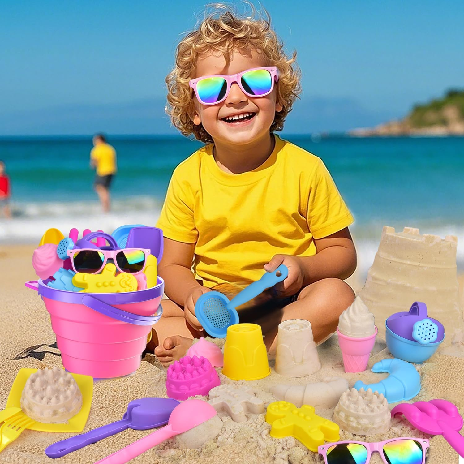 31PCS Beach Toys, Sandbox Toys with Collapsible Sand Bucket, Shovel Set, Ice Cream Cake Molds,Mesh Bag, Summer Water Poor Sea Outdoor Play Travel Toys for Kids Toddlers Boys Girls image number 3