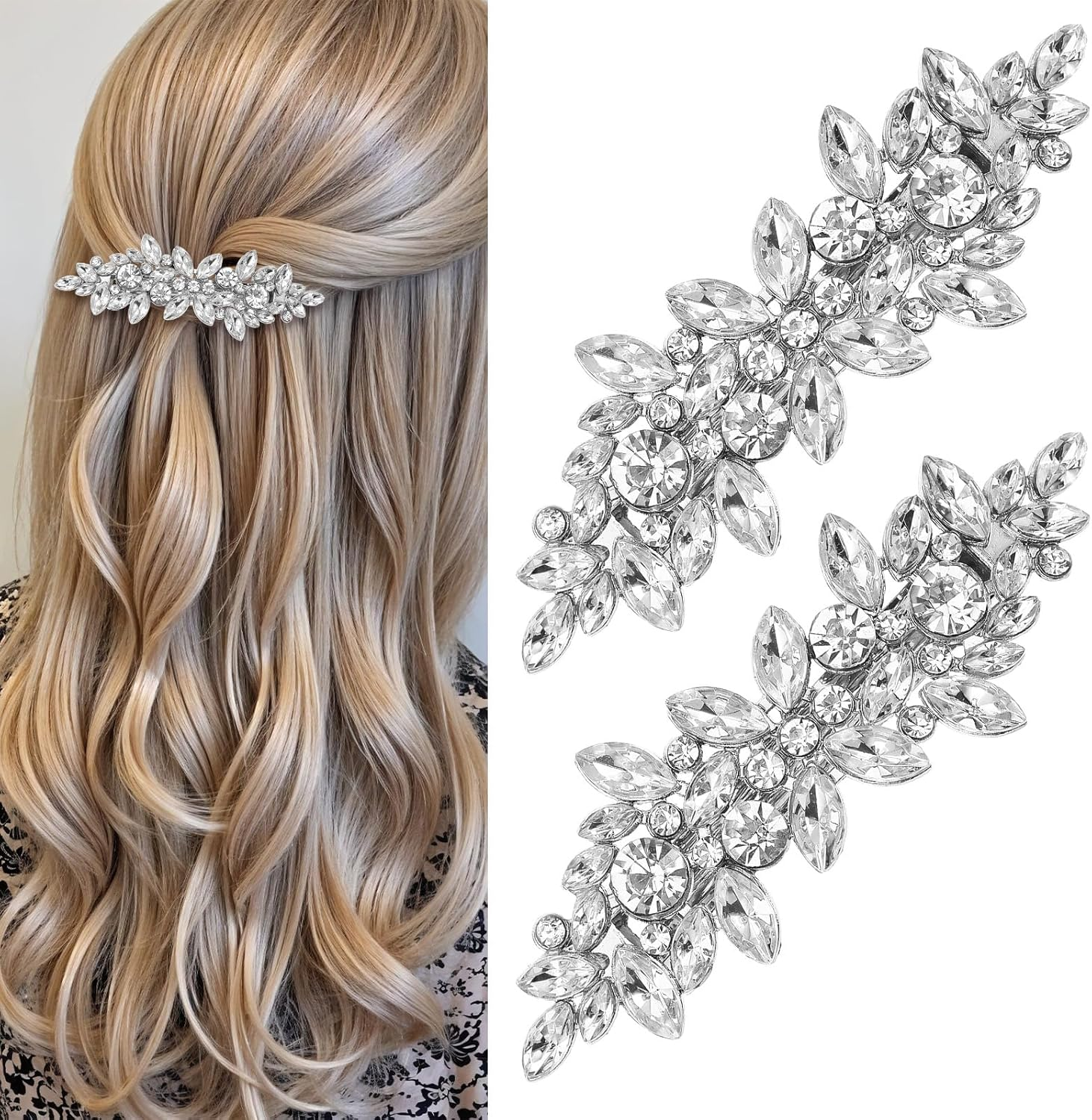 Pack of 2 Rhinestone Hair Clips, Sparkly Bridal Hair Accessories, Silver, Vintage Hair Clip, Silver, Sparkling Hair Pins, Wedding for Women and Girls, Evening Party, Wedding, Daily Use