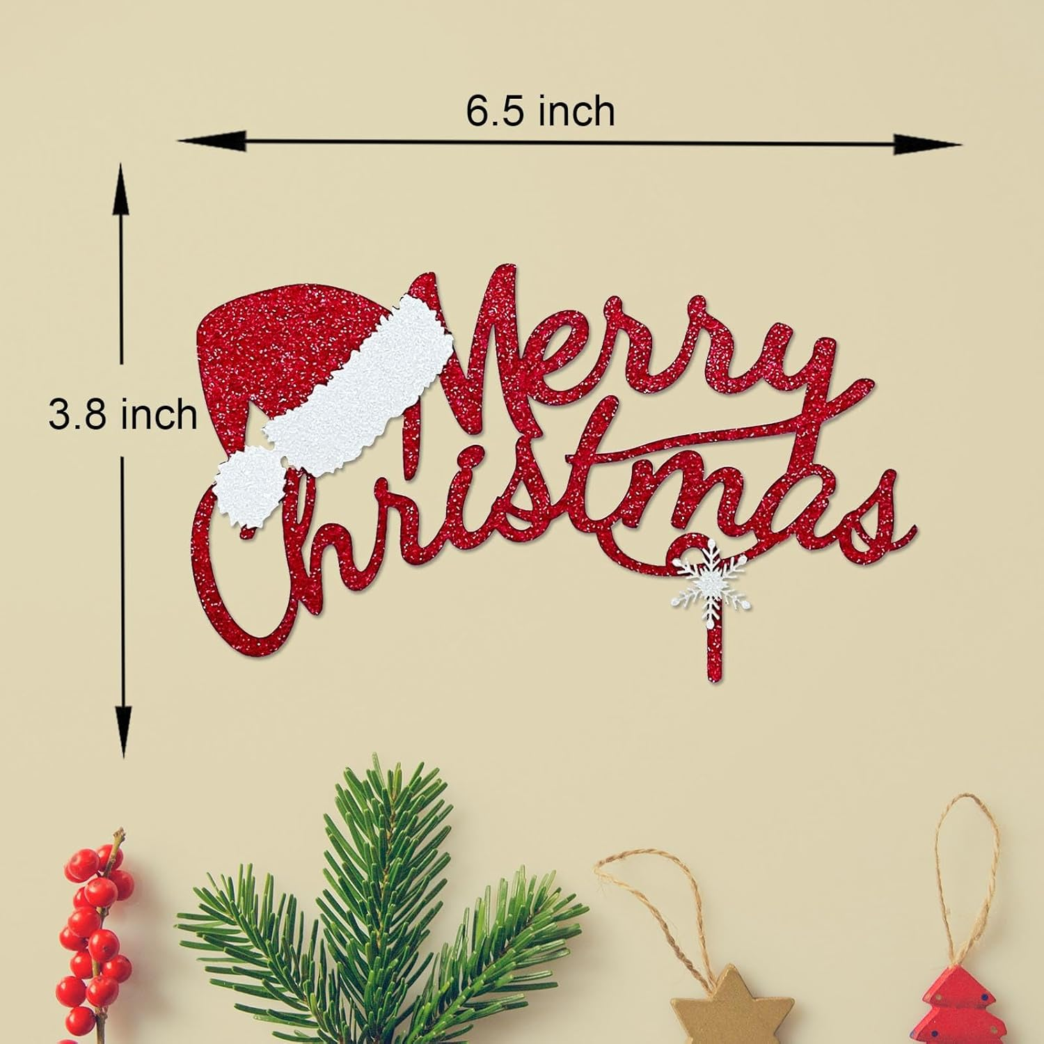 Merry Christmas Cake Topper Red Glitter Christmas Hat Topper Xmas Holiday Cake Picks for Christmas Party Birthday Wedding Decorations image number 1