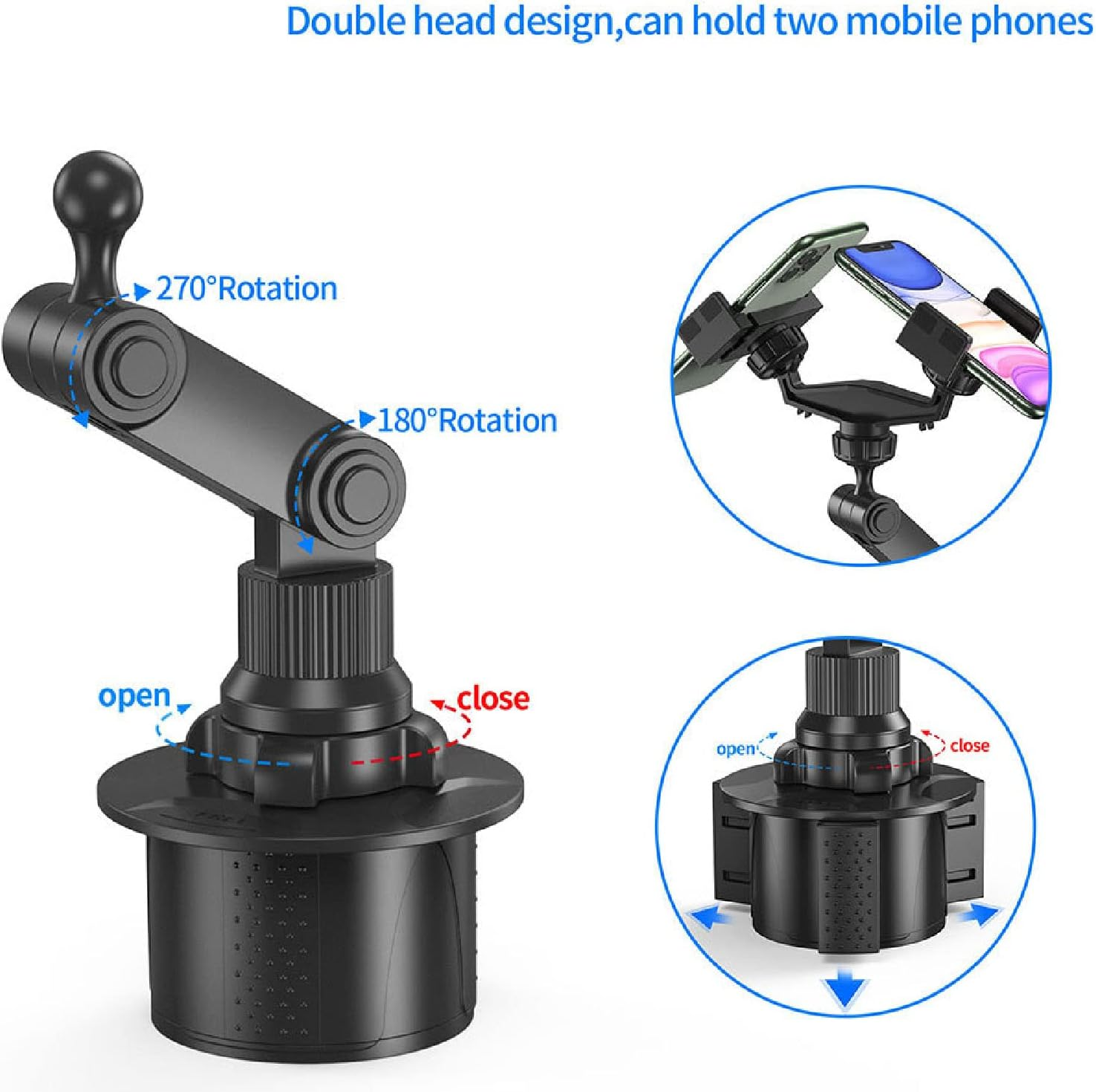 Car Cup Phone Holder 360 Degree Rotation Universal Adjustable Cup Holder Phone Mount with 2 Devices for Ios Phone for Galaxy, Sturdy and Construction, Easy Installation