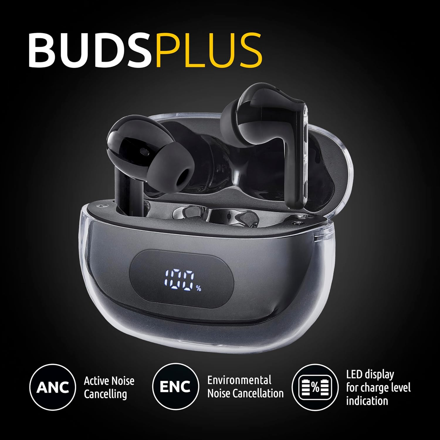 Intenso Buds plus TWS True Wireless Headphones T310AE with Active Noise Cancelling, ENC, Bluetooth and up to 25 Hours of Music Playback, Black - Black image number 2