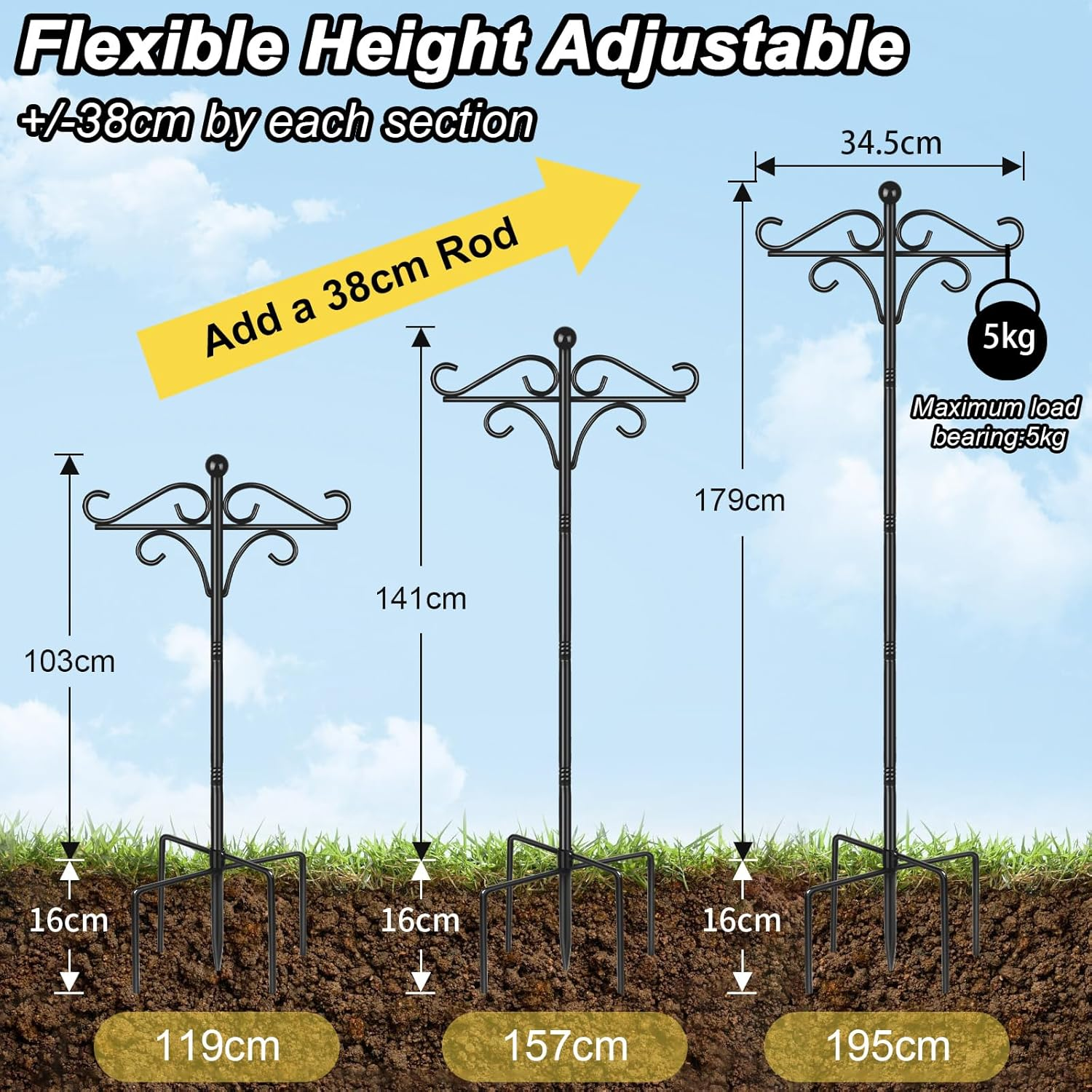 Bird Feeder Pole Stand, 195Cm Approx.2M Adjustable Feeding Station Hanging with 2 Hook, Heavy Duty Freestanding Double Shepherd Crook for Outdoor Garden Light Lantern Plant Metal Hanger, Black image number 1