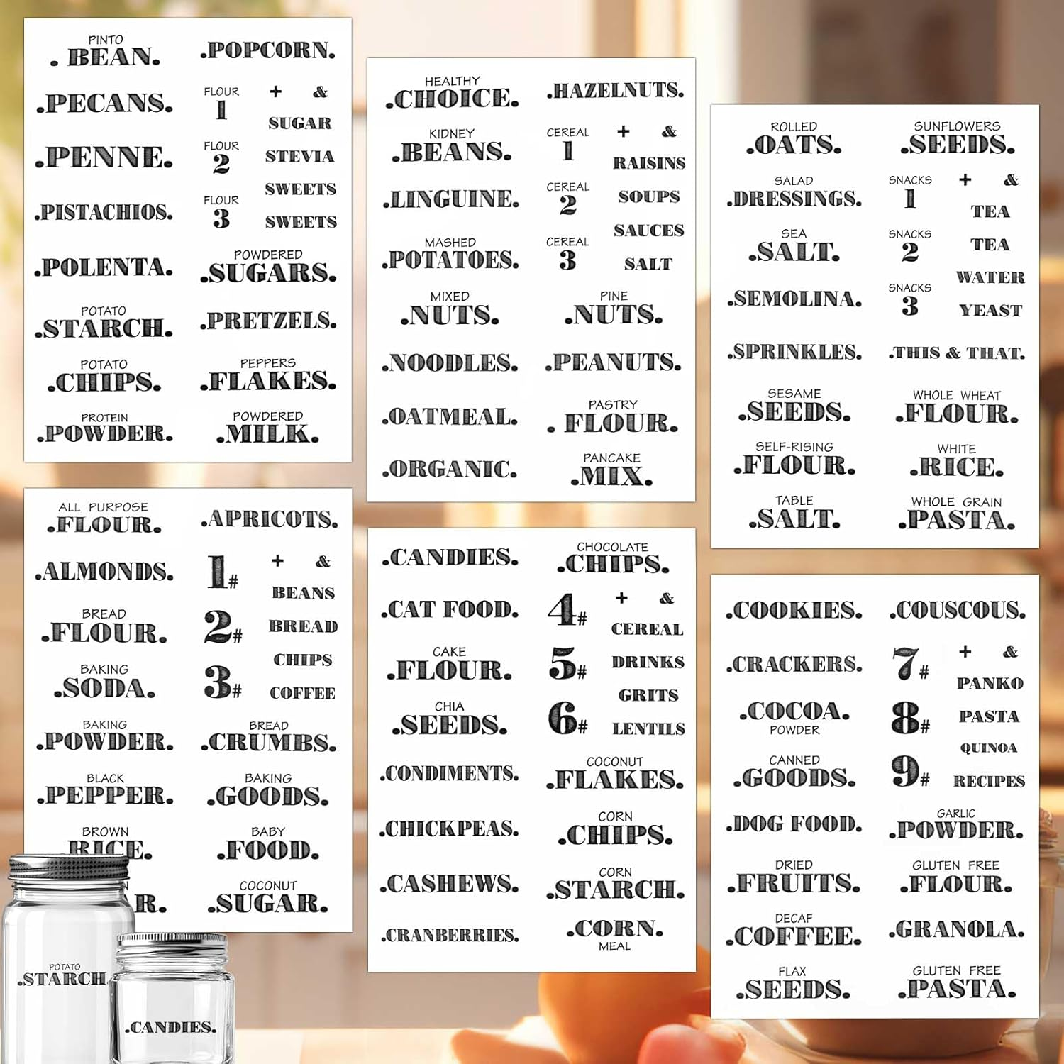 6 Sheets Pantry Labels for Containers, Waterproof PVC Food Storage Labels Self-Adhesive Spice Stickers for Kitchen Organizing image number 1