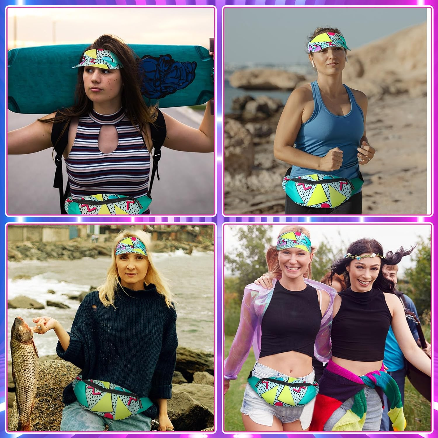 Mepase 2 Pcs 80S Outfit for Men Women 90S Fanny Pack Sun Visor Hat Waist Bag 90S Accessories for Men Women Summer Party, Multicoloured, One Size, Fresh