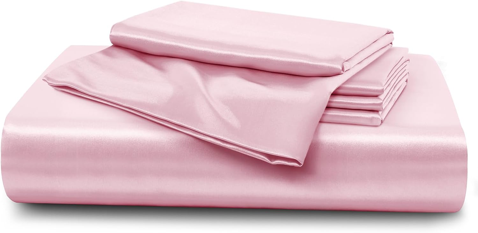 Horbaunal 5 Pieces Satin Duvet Cover Set Queen/Full Size Blush Pink Duvet Cover with Corner Ties & Zipper Closure, Luxury & Silky Bedding Set, 1 Duvet Cover and 4 Pillowcases (No Comforter) image number 4