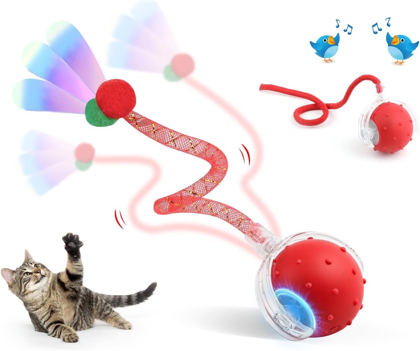 Interactive Cat Toy Ball with 2 Tails&ndash;2025 Upgrades Cat Toys for Indoor USB-C Rechargeable,Auto Rolling,Smart Obstacle Avoidance,Self-Activating Electric Chase Toy for Bored Indoor Cats & Dogs(Red