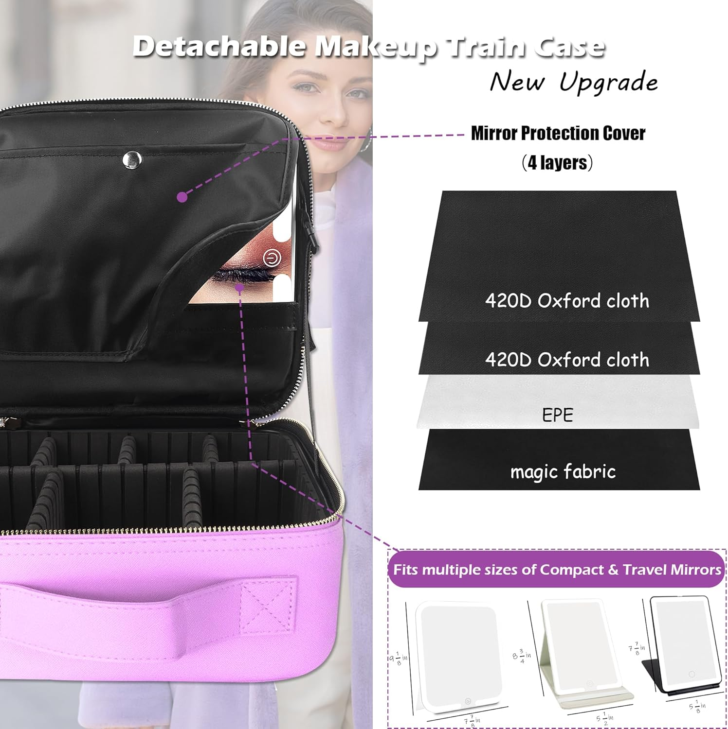 MOMIRA Travel Makeup Bag Cosmetic Bag with Illuminated Mirror, Adjustable Brightness in 3 Colour Scenarios, Gift for Women, Purple, Abnehmbarer Spiegel image number 4