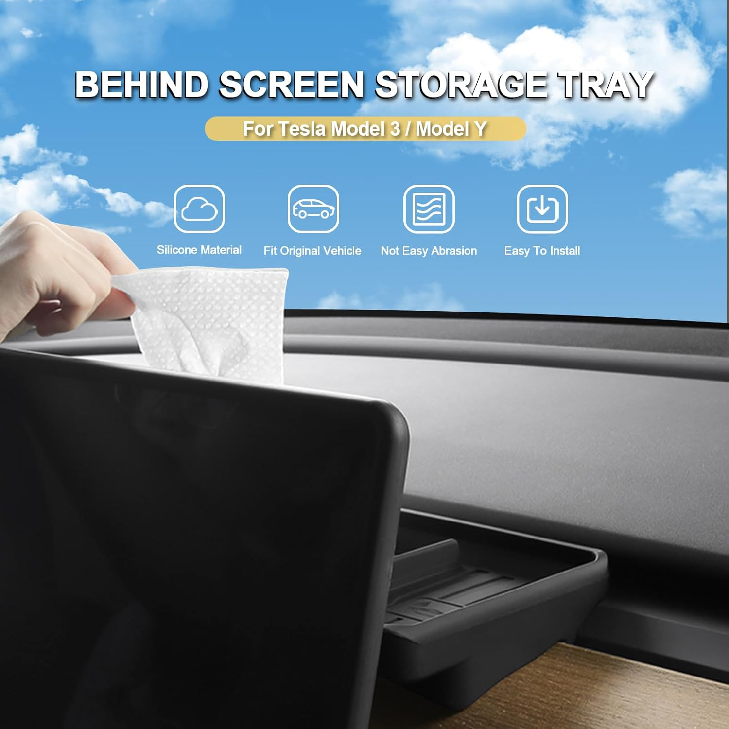 Rislobx Tesla Model 3 Model Y Center Console Organizer Tray Hidden behind Screen Storage Box Dashboard Sunglasses Holder Tesla Accessories (Black) - Black Charger Mat image number 2