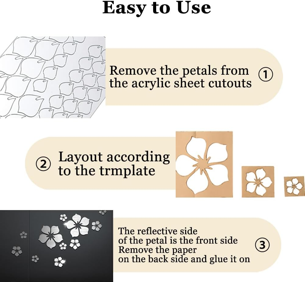 18 Pcs Acrylic Mirror Floral Wall Stickers, Self Adhesive Removable Wall Decal Mirror Set, Silver 3D Flower DIY Art Wall Decoration for Bedroom Home Living Room Sofa TV Background Decor image number 5