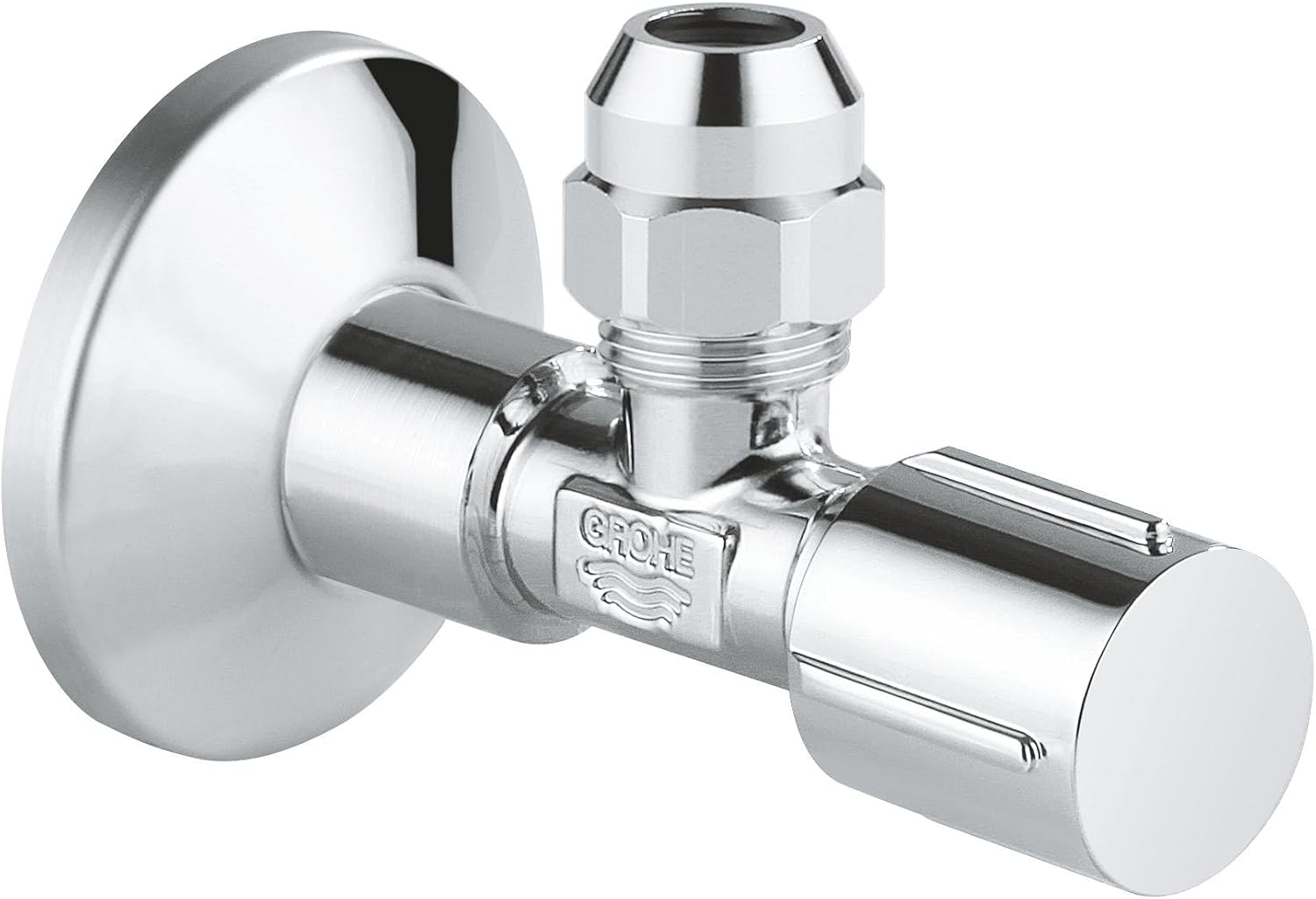 GROHE Angle Valve (With Self-Sealing Connection Thread, Wall Connection 1/2 Inch with Push Rosette, Outlet 3/8 Inch), Chrome, 22039000