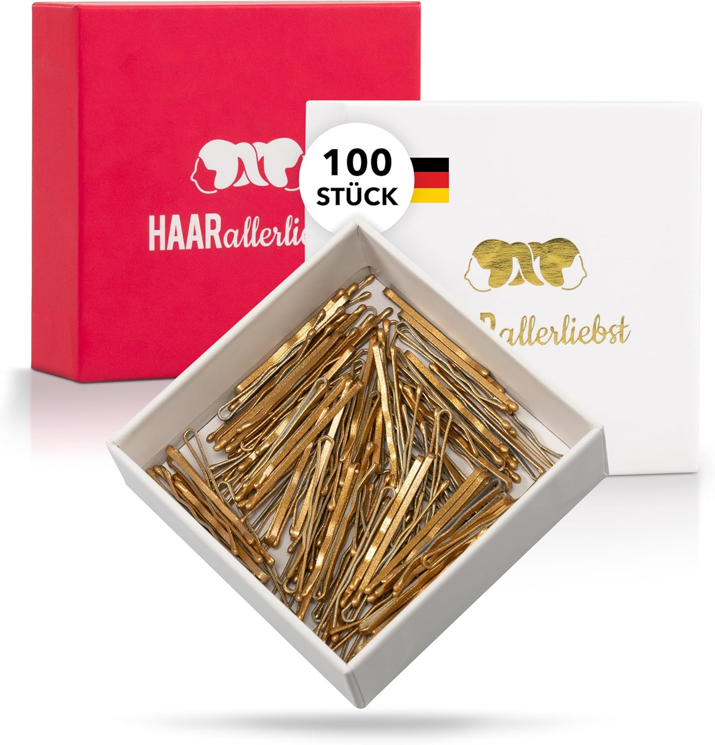 Haarallerliebst Hair Clips (100 Pieces | Gold Glittering | 5 Cm) with Box for Storage (Box Colour: White)