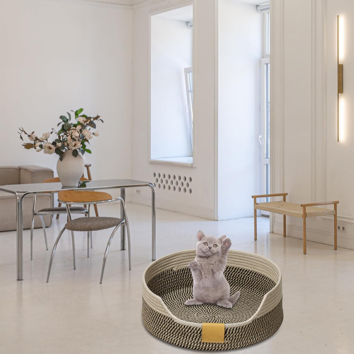CAPASTEC Woven Cat Bed, 50 Cm Diameter, Foldable Basket Nesting Site, Breathable Pet Lounger, Claw Abrasion-Resistant Universal Kitten Bed, Black Khaki image number 3