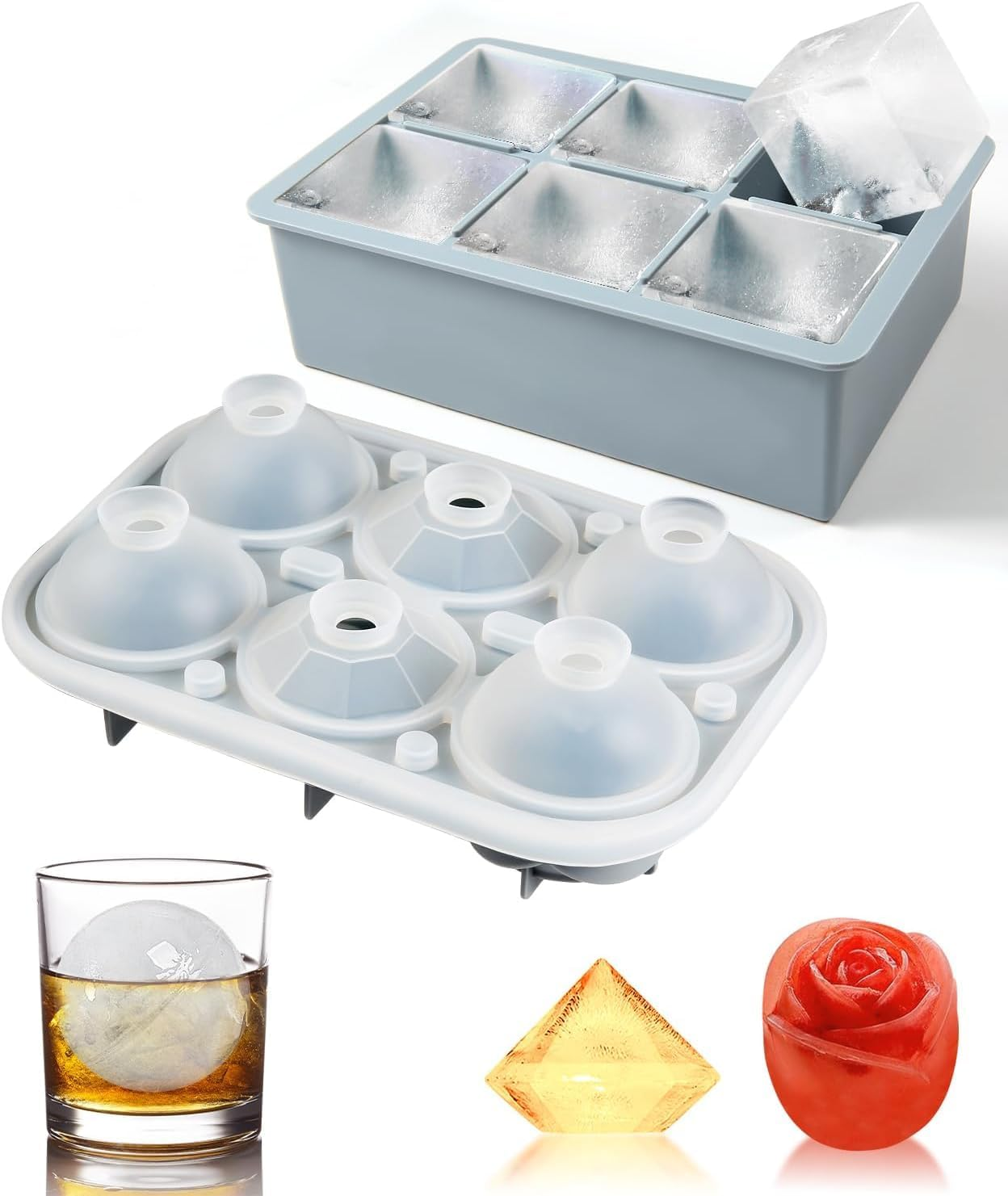 Silicone Ice Cube Trays,Set of 2 Large Ice Cube Molds,Makes 6 Large Square Silicone Molds,2 Circle Round,2 Rose & 2 Diamond Ice Molds, Silicone Fun Ice Maker for Whiskey,Cocktails & DIY, BPA Free