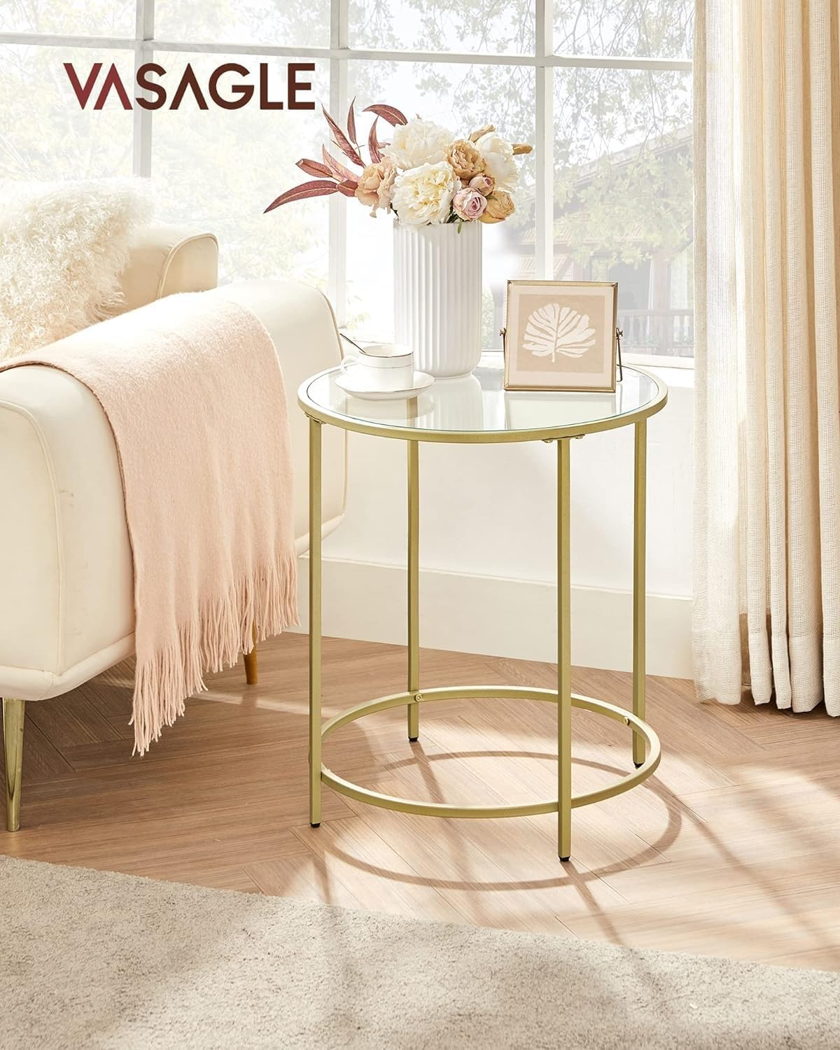 Vasagle round Side Table, Tempered Glass End Table with Golden Metal Frame, Small Coffee Table, Bedside Table, Living Room, Balcony, Robust and Stable, Decorative, Gold image number 1