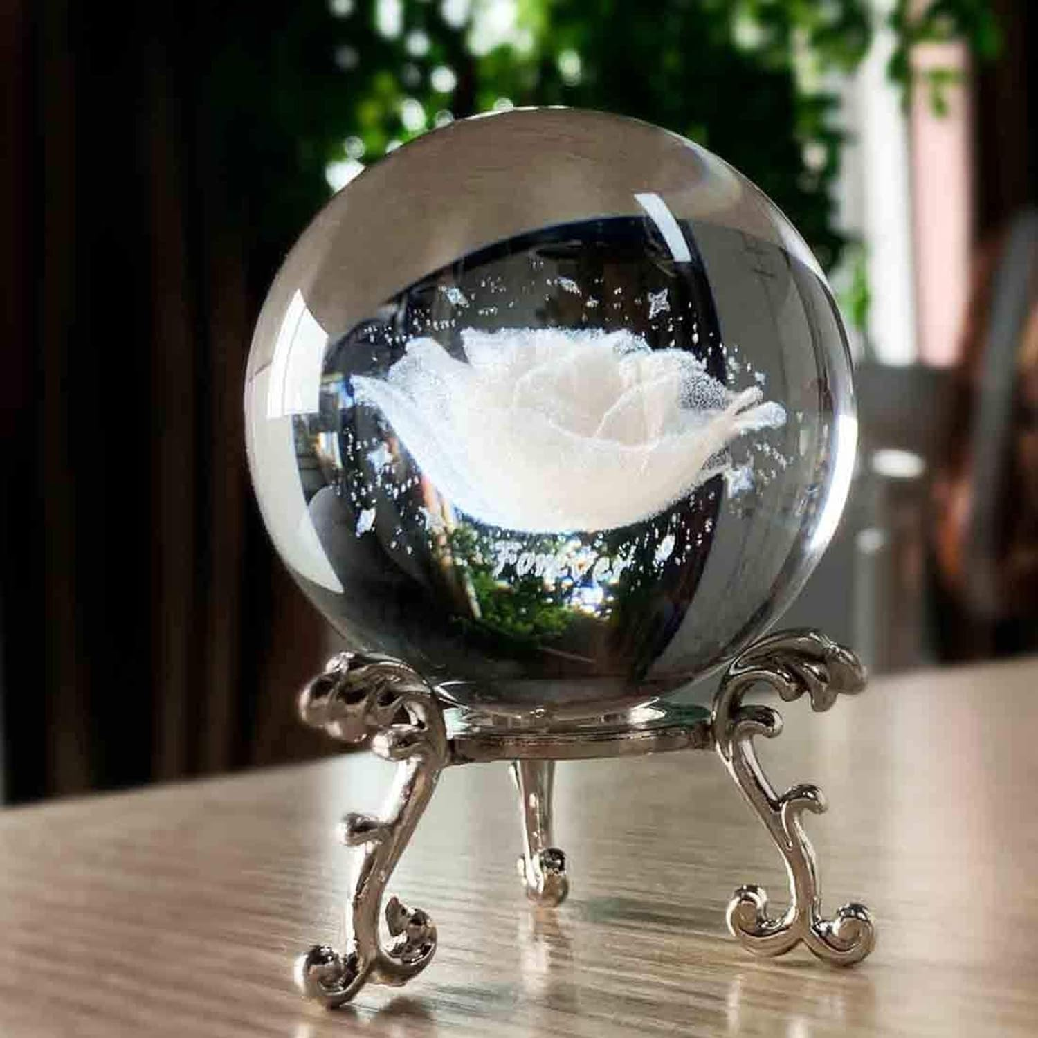 HDCRYSTALGIFTS 60Mm 3D Inner Carving Rose Flower Crystal Ball Paperweight with Sliver Stand Fengshui Home Decor - Cherry Blossoms image number 7