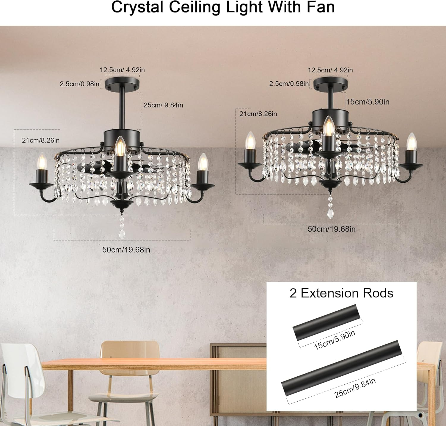Jaycomey 19.6In Crystals Ceiling Fan with Lights, Bladeless Black Fandelier Ceiling Fan with Remote, Industrial Flush Mount Ceiling Fan Lights Ceiling Fixtures for Kitchen Bedroom (6 Speed, Timing) - Blackcrystal/19.6Inch/Round/Cage image number 6