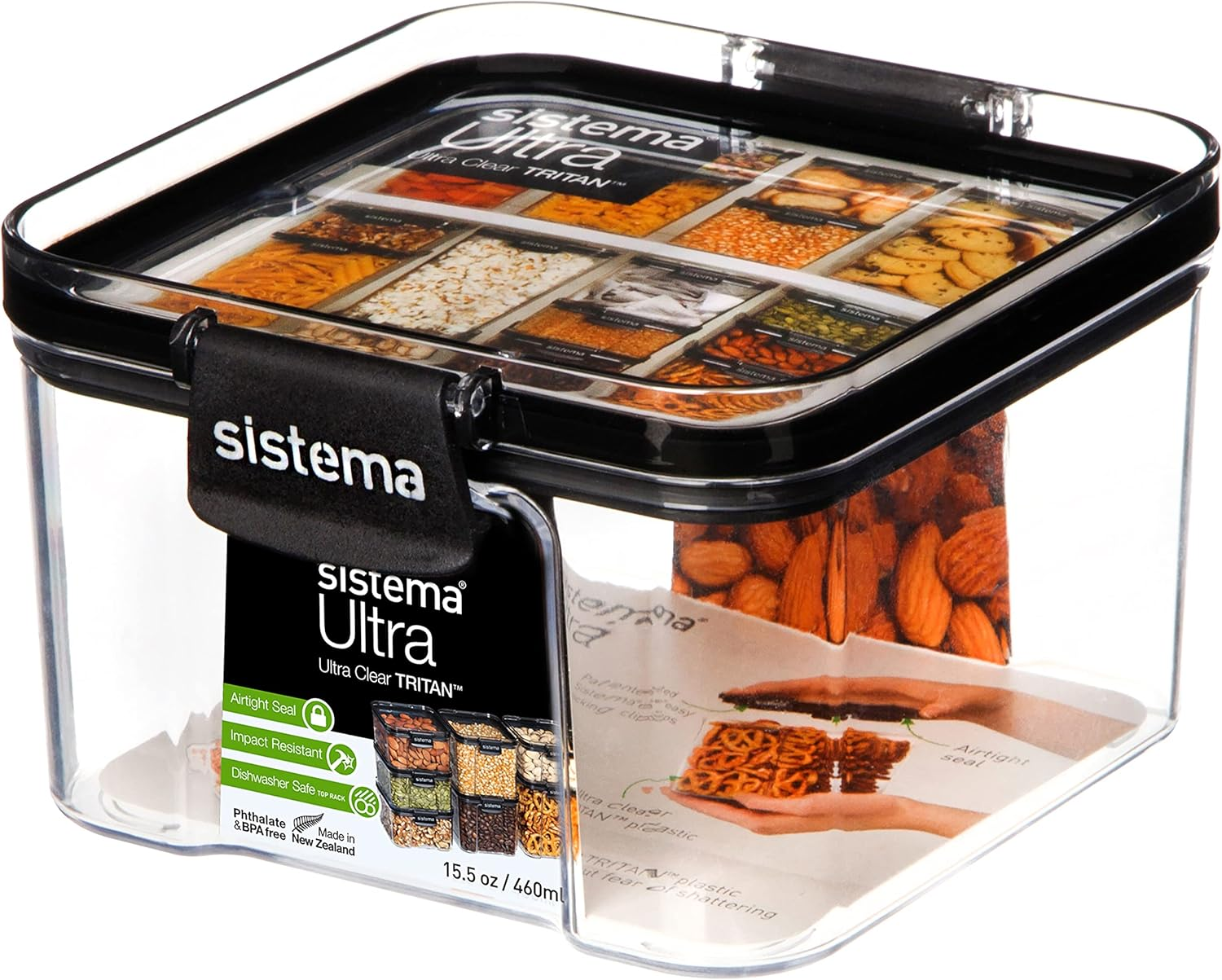 Sistema Ultra Tritan Airtight Pantry Storage Container | 400 Ml Square Food Storage Container | Stackable | with Locking Clips | Bpa-Free | Clear with Black Accents image number 1
